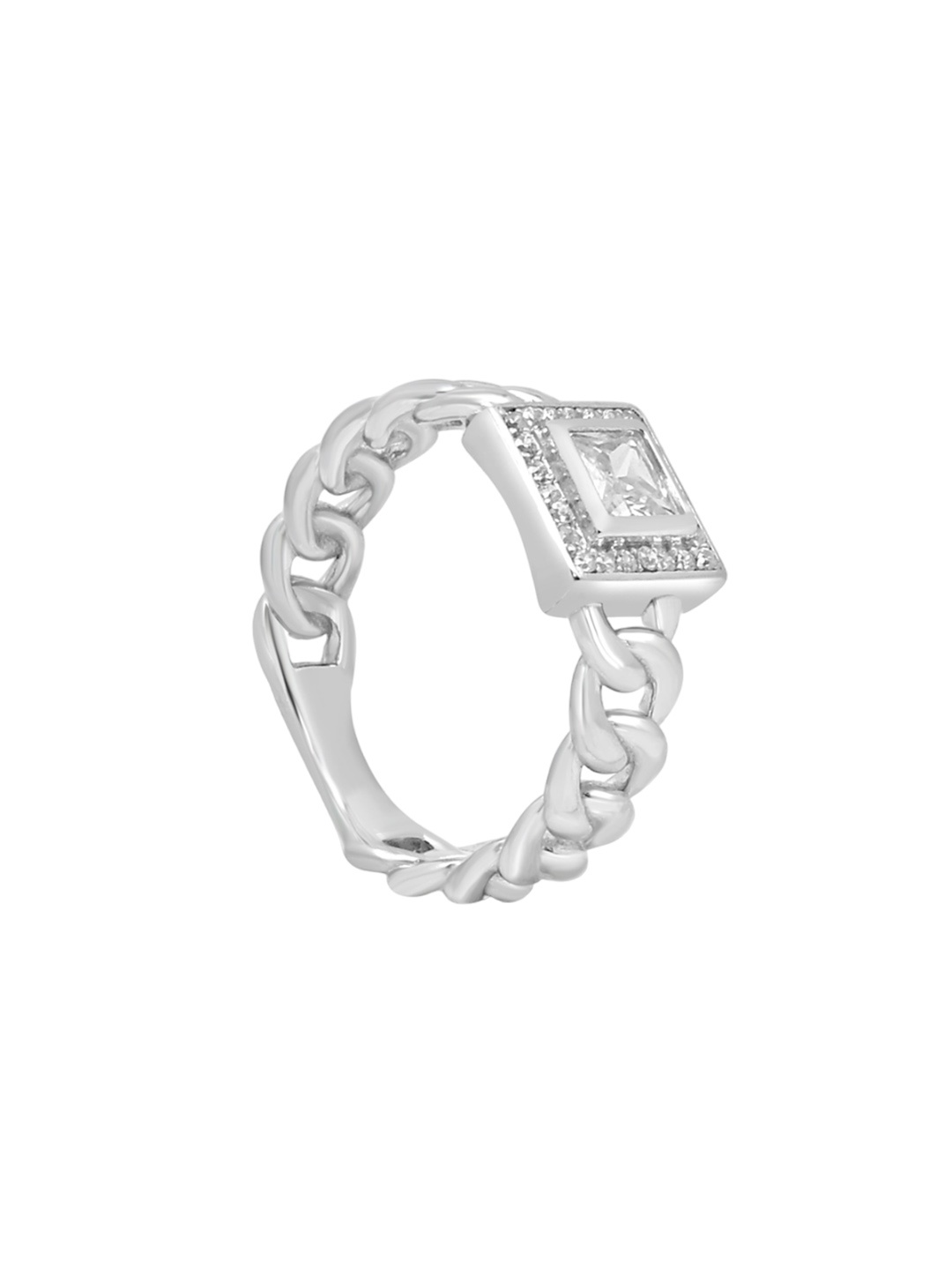 

925 SILLER Rhodium Plated Cubic Zirconia Studded Finger Ring, Silver