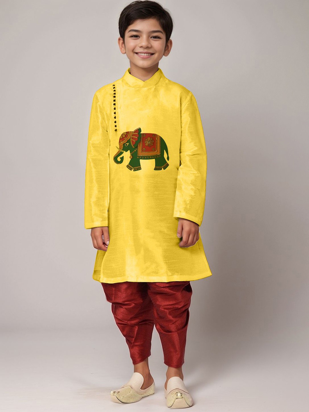

DEVOILER Boys Ethnic Motifs Printed Side Placket Dupion Silk Kurta, Yellow