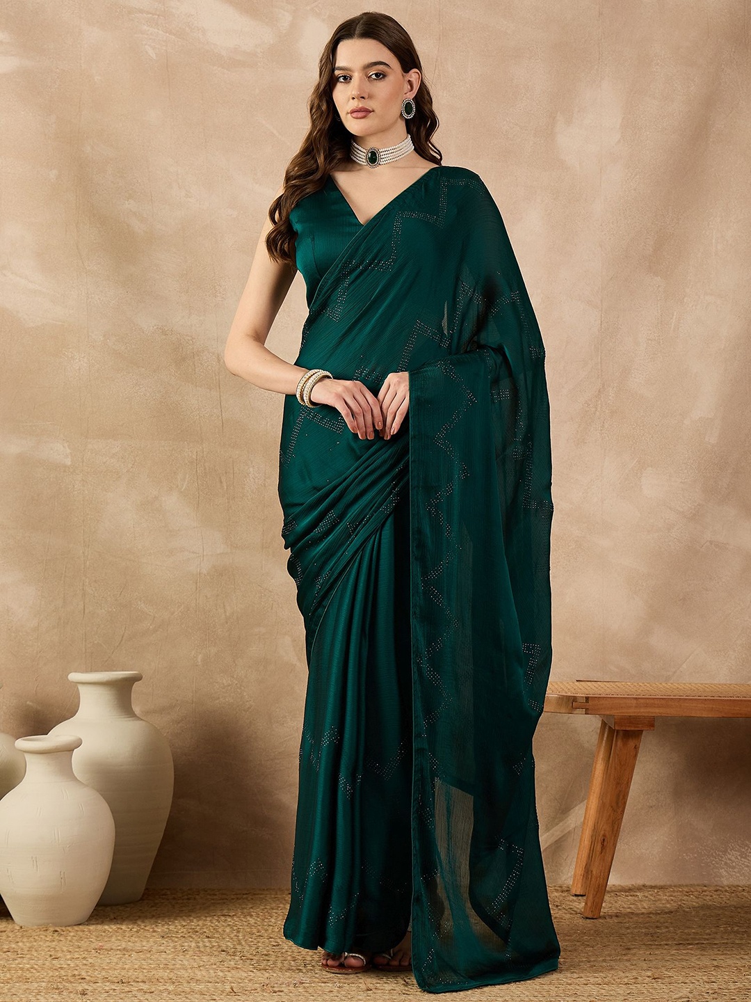 

all about you Beads and Stones Satin Saree, Green