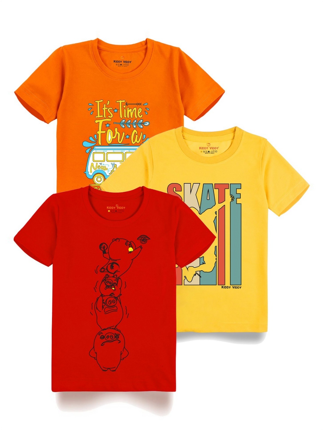 

Kiddy Viddy Boys Pack Of 3 Typography Printed Round Neck Cotton T-shirts, Red
