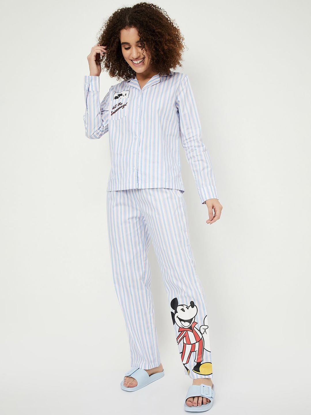 

max Women Striped Shirt Collar Pure Cotton Long Sleeves Night suit, Blue