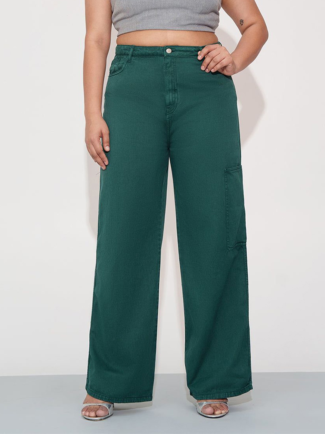

FREAKINS Women Plus Size Jean Straight Fit High-Rise Cotton Jeans, Green