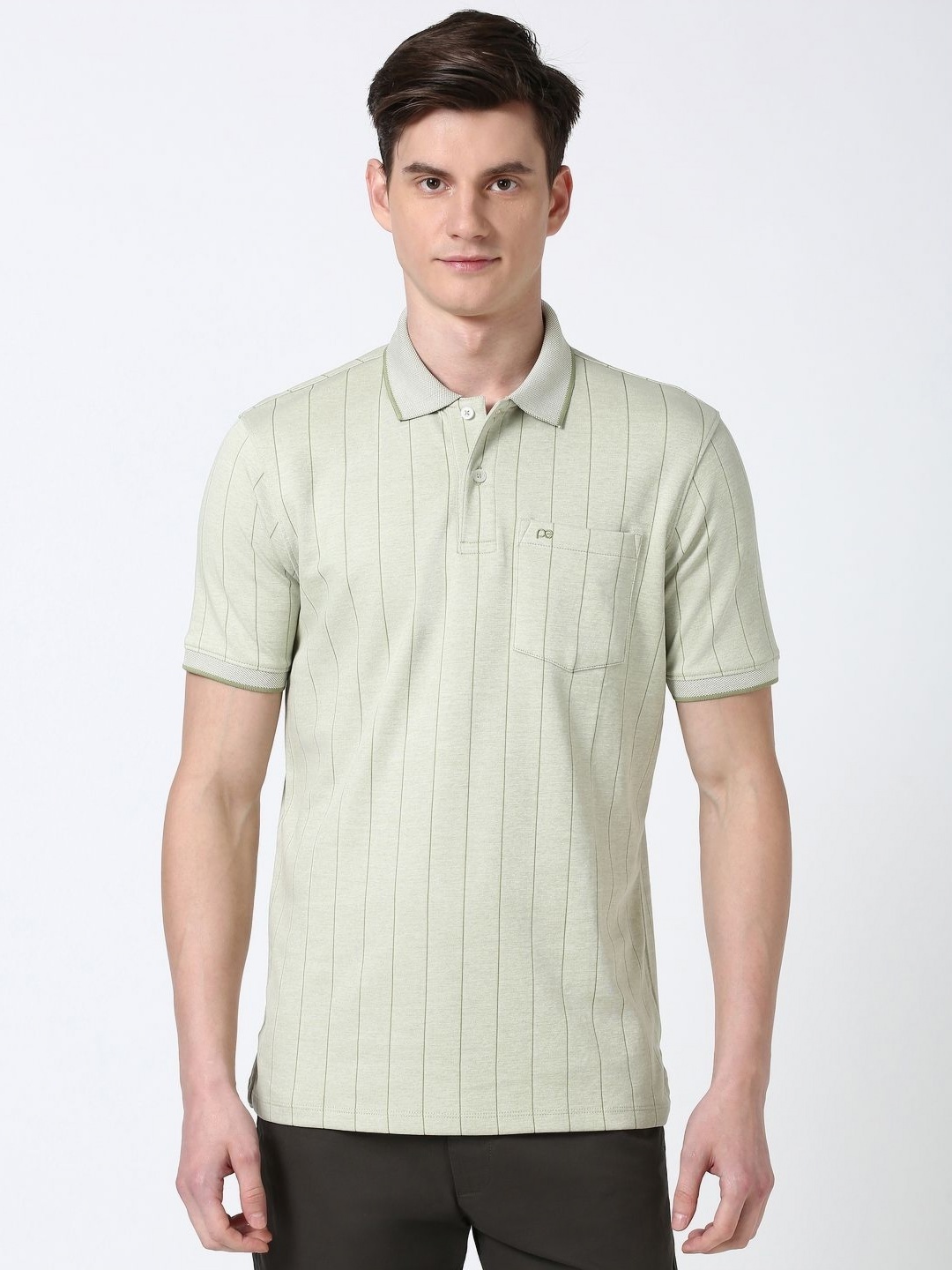 

Peter England Men Striped Polo Collar Pockets T-shirt, Olive