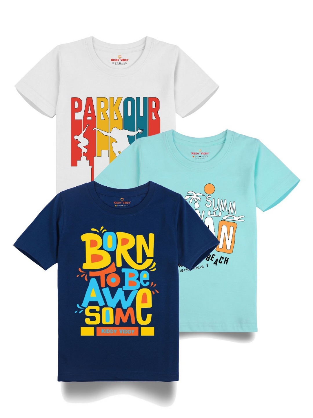 

Kiddy Viddy Boys Pack Of 3 Typography Printed Round Neck Cotton T-shirts, White