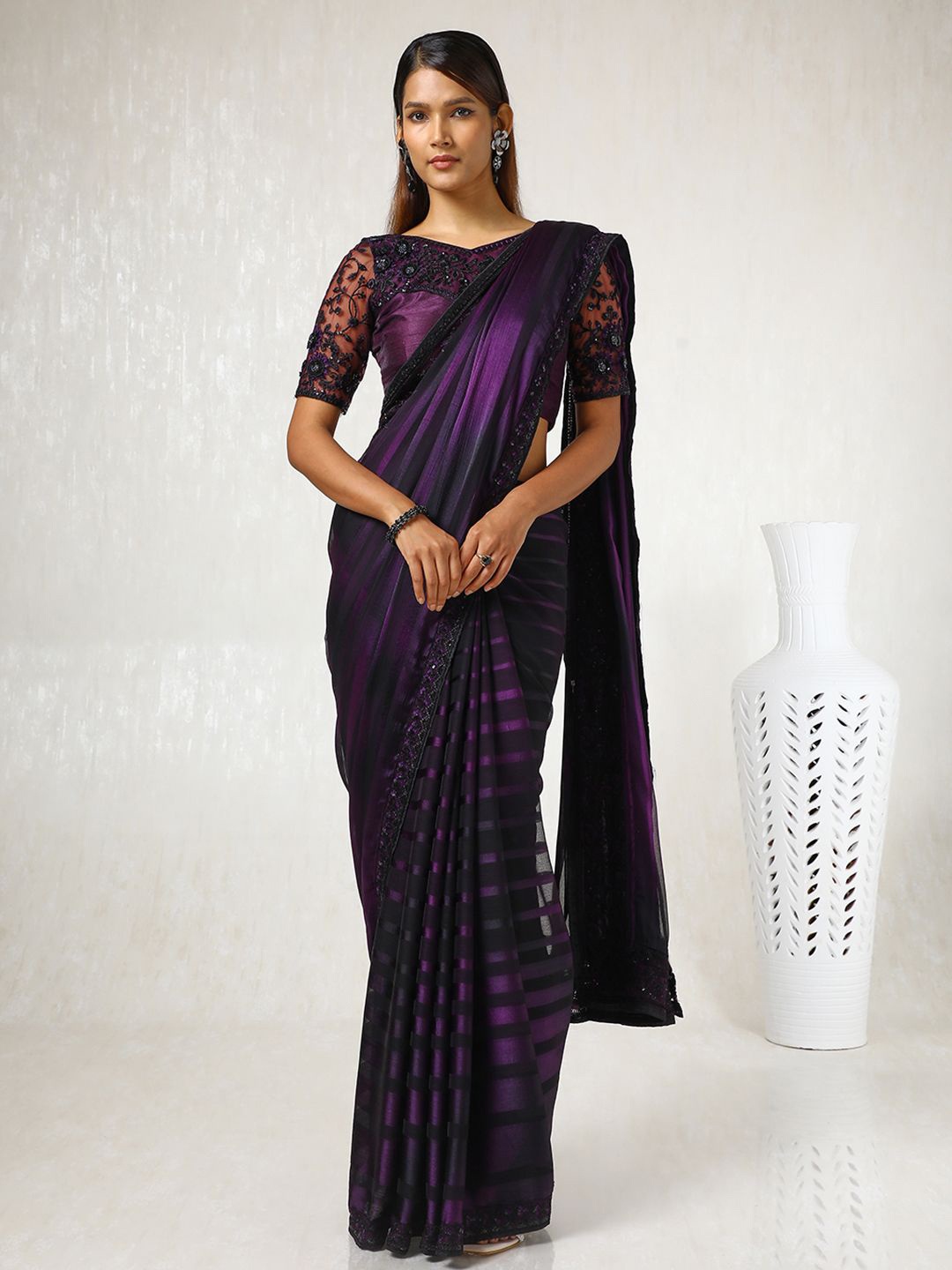 

Soch Striped Embroidered Sequinned Pure Chiffon Saree, Purple