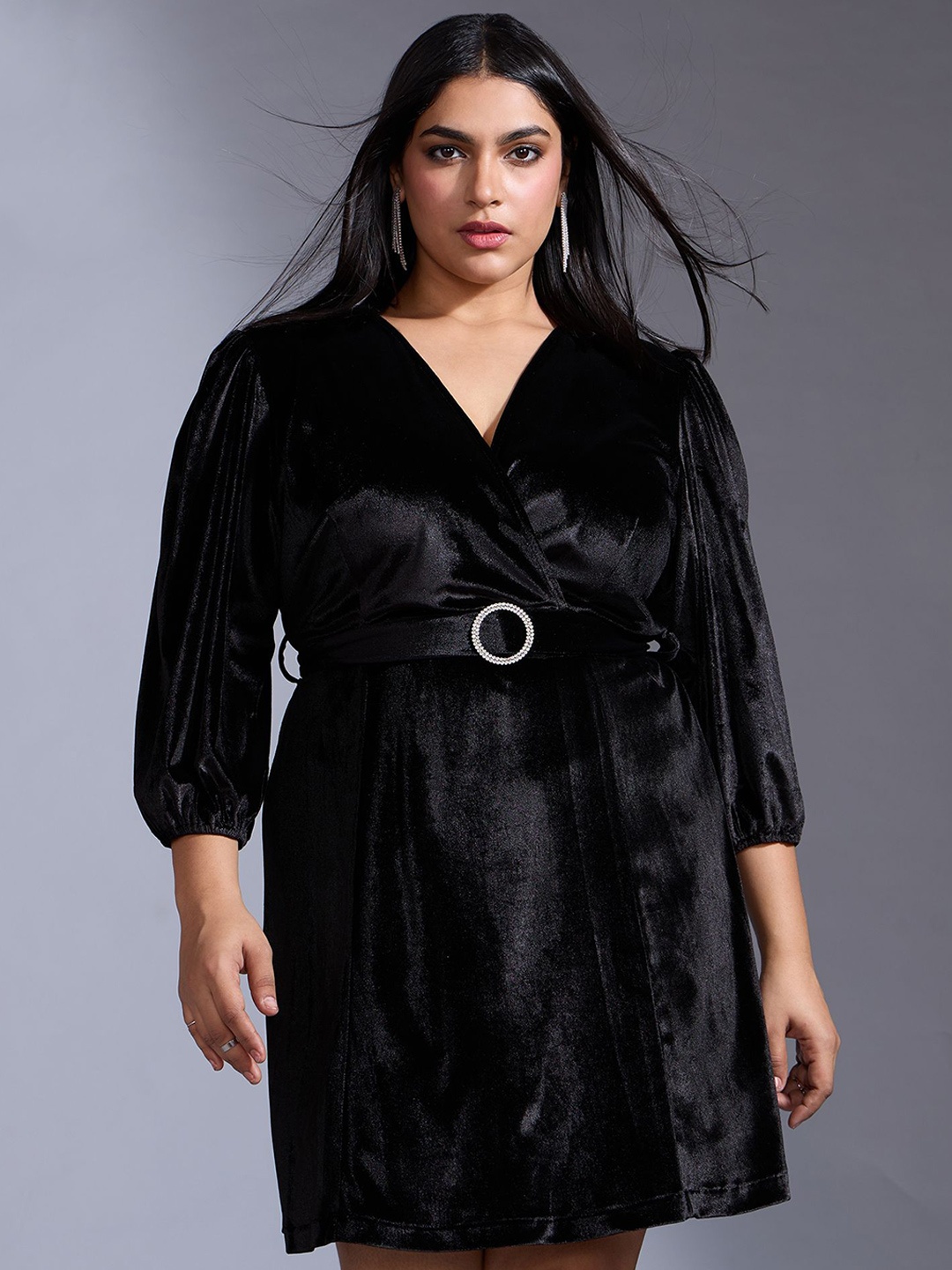 

20Dresses Women Puff Sleeve Velvet Long Sleeves Dress, Black