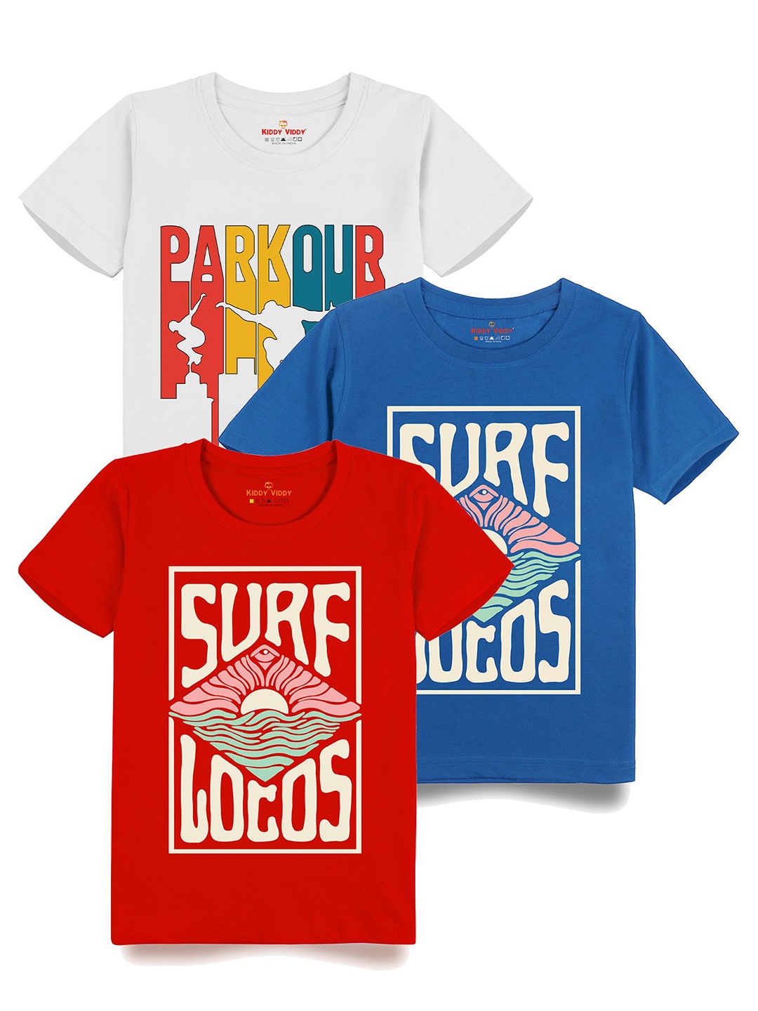 

Kiddy Viddy Boys Pack Of 3 Typography Printed Round Neck Cotton T-shirts, Blue