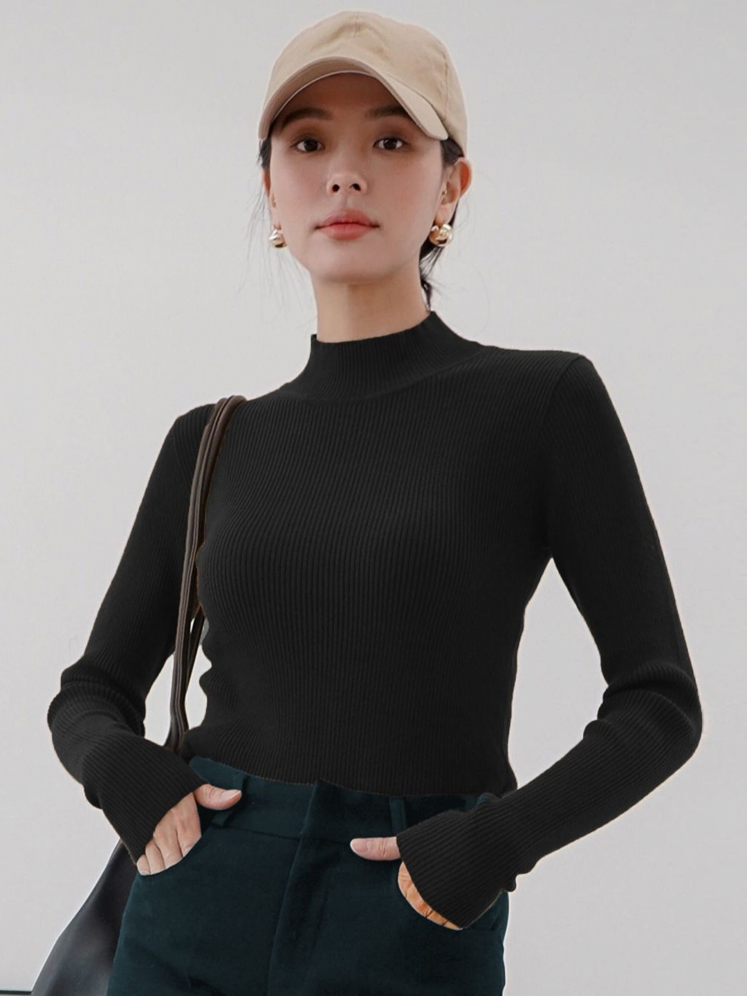 

CLAFOUTIS Women High Neck Pockets Slim Fit T-shirt, Black