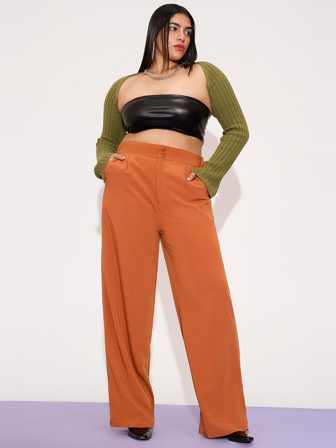 

Freakins Women Plus Size Relaxed Straight Leg Loose Fit High-Rise Korean Pants, Orange