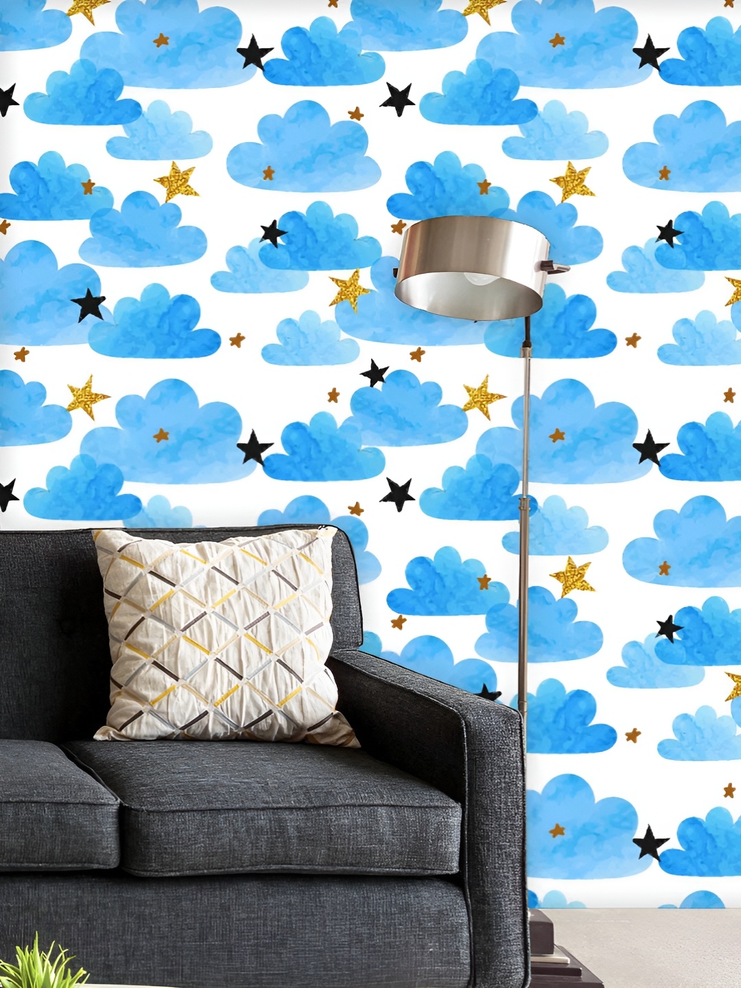 

ArtzFolio Printed UV-Resistant Anti-Bacterial Watercolor Clouds And Stars Peel & Stick Wallpaper, Multi