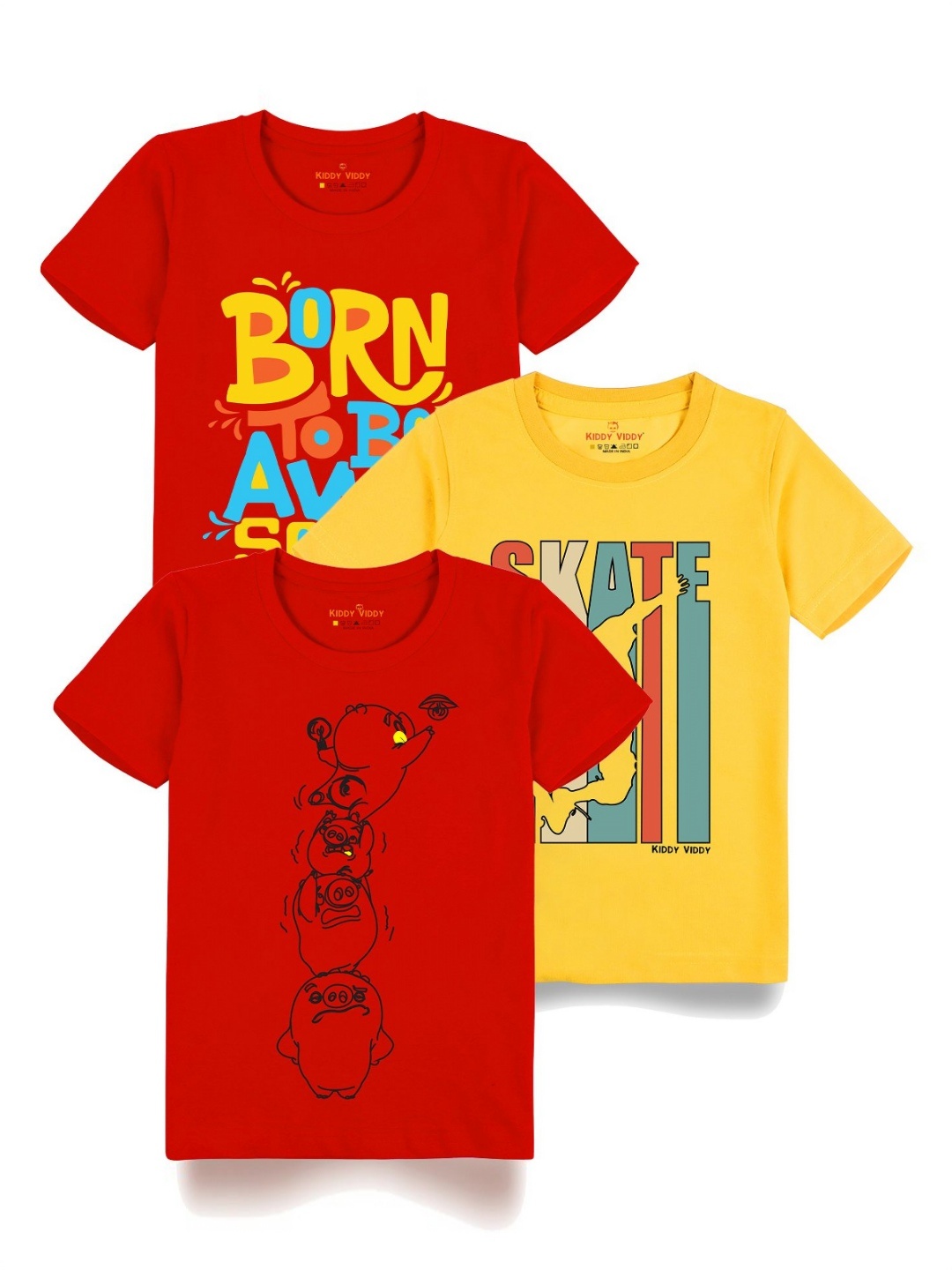 

Kiddy Viddy Boys Pack Of 3 Typography Printed Round Neck Cotton T-shirts, Red
