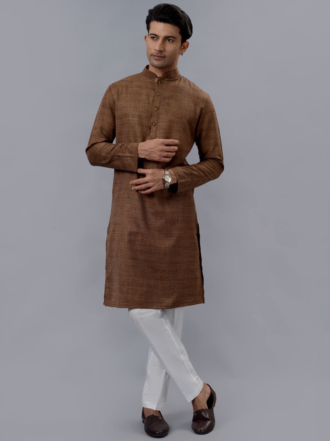 

azania Woven Design Mandarin Collar Straight Kurta, Brown
