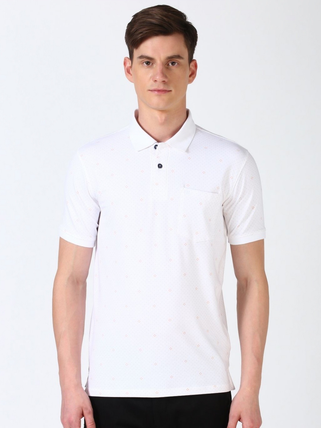 

Peter England Men Polka Dot Printed Polo Collar Pockets T-shirt, Grey