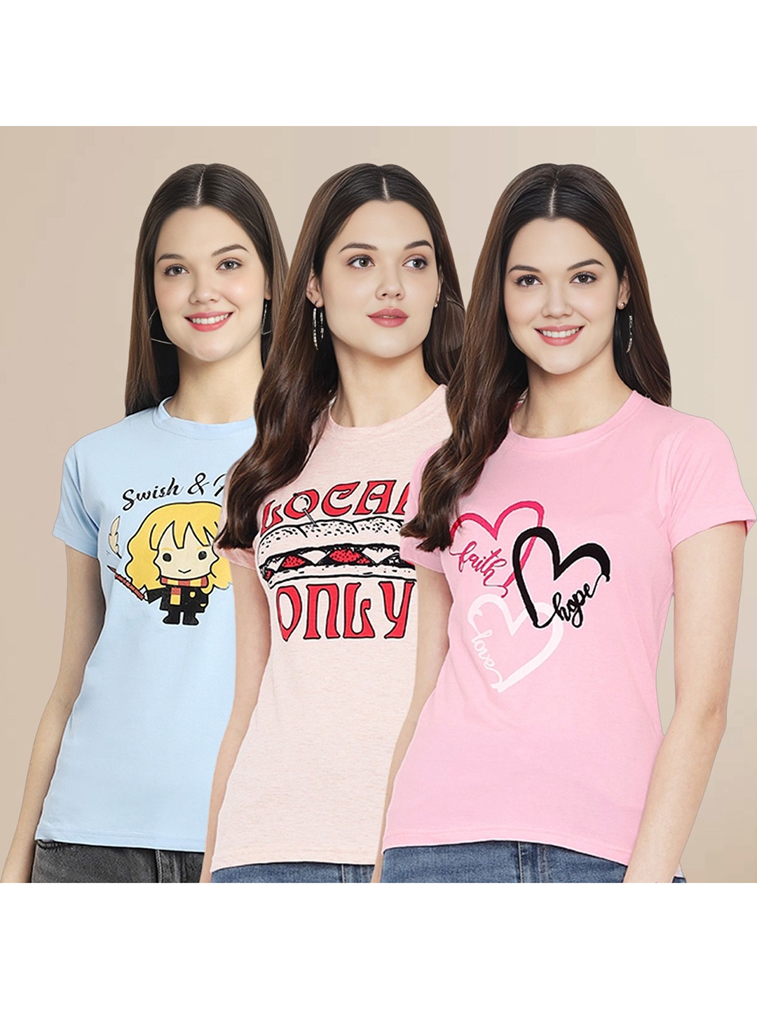 

Metronaut Women Pack Of 3 Typography Printed Round Neck Cotton T-shirts, Blue