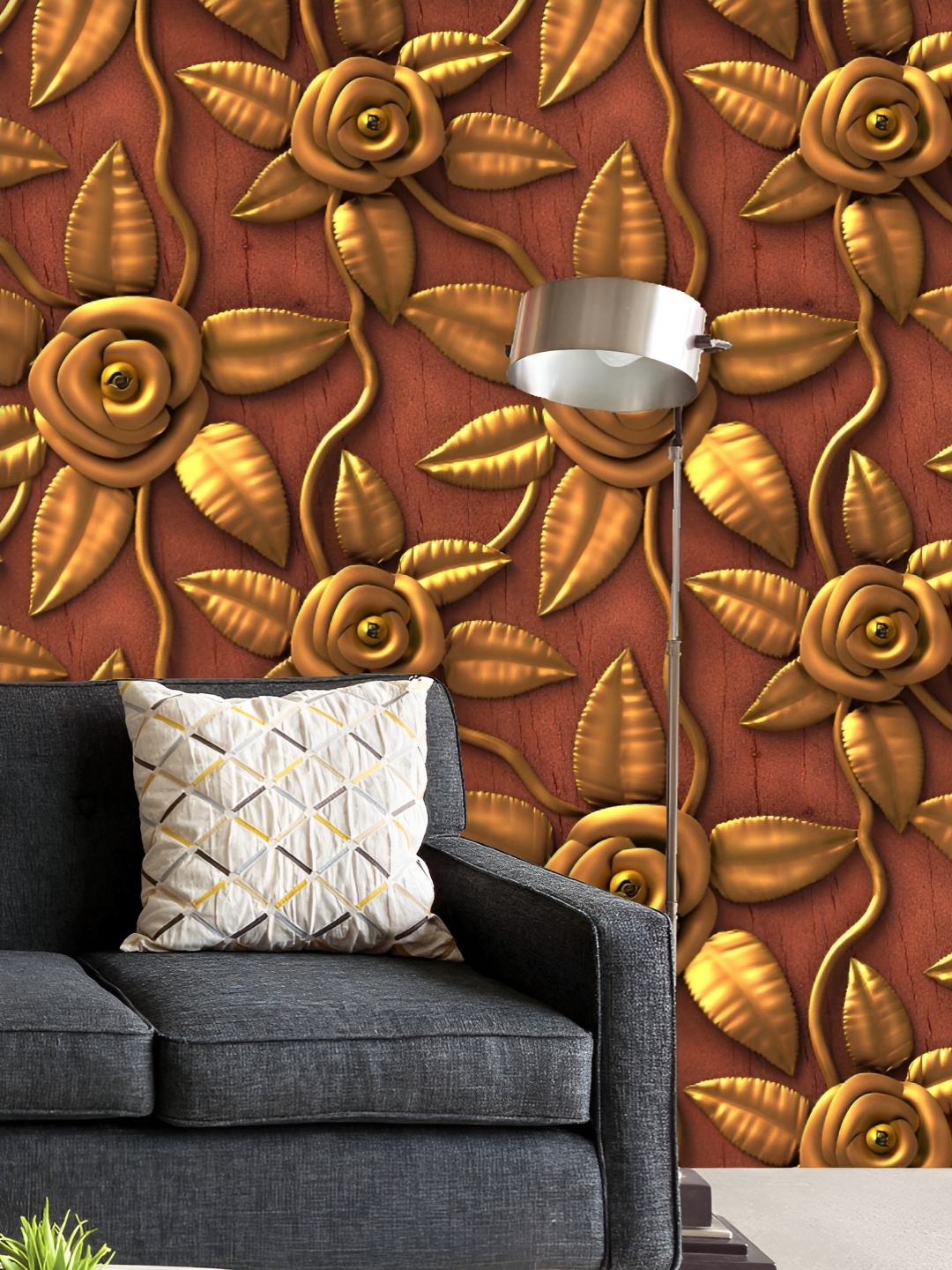 

ArtzFolio Printed UV-Resistant Anti-Bacterial D Golden Flowers Pattern Peel & Stick Wallpaper, Multi