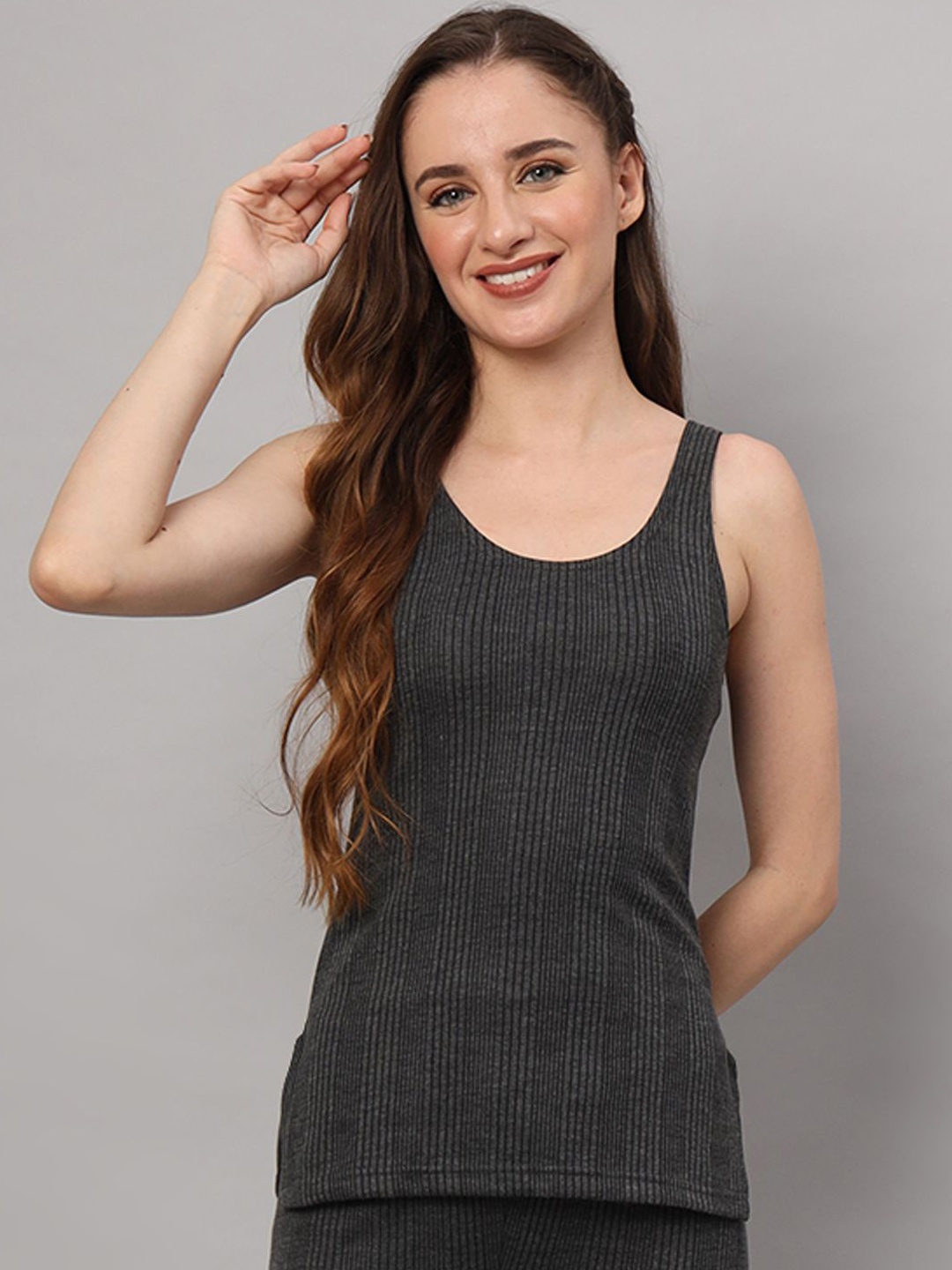 

ESOROUCHA Women Striped Ribbed Thermal Tops, Grey