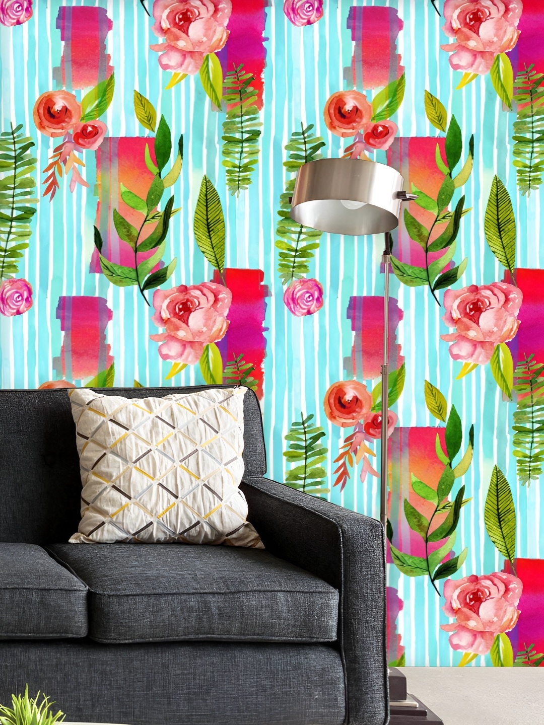 

ArtzFolio Printed UV-Resistant Anti-Bacterial Flowers And Plants On Stripes Peel & Stick Wallpaper, Multi