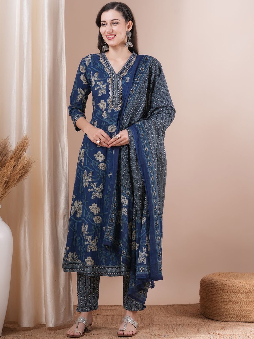 

FASHOR Floral Printed Panelled Thread Work Pure Cotton Anarkali Kurta & Trouser & Dupatta, Blue