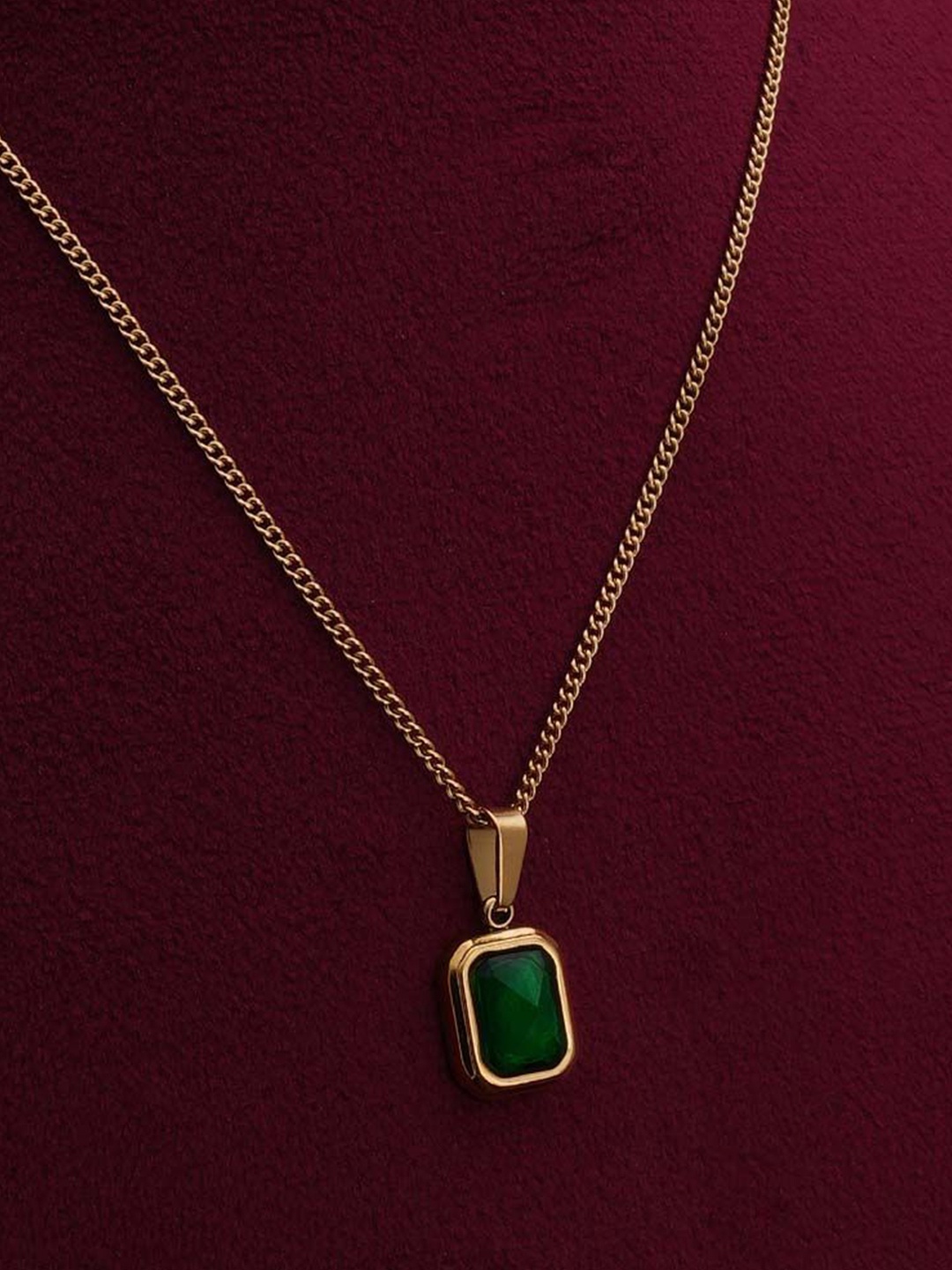 

PALMONAS Stainless Steel Gold-Plated Cubic Zirconia Pendant With Chain