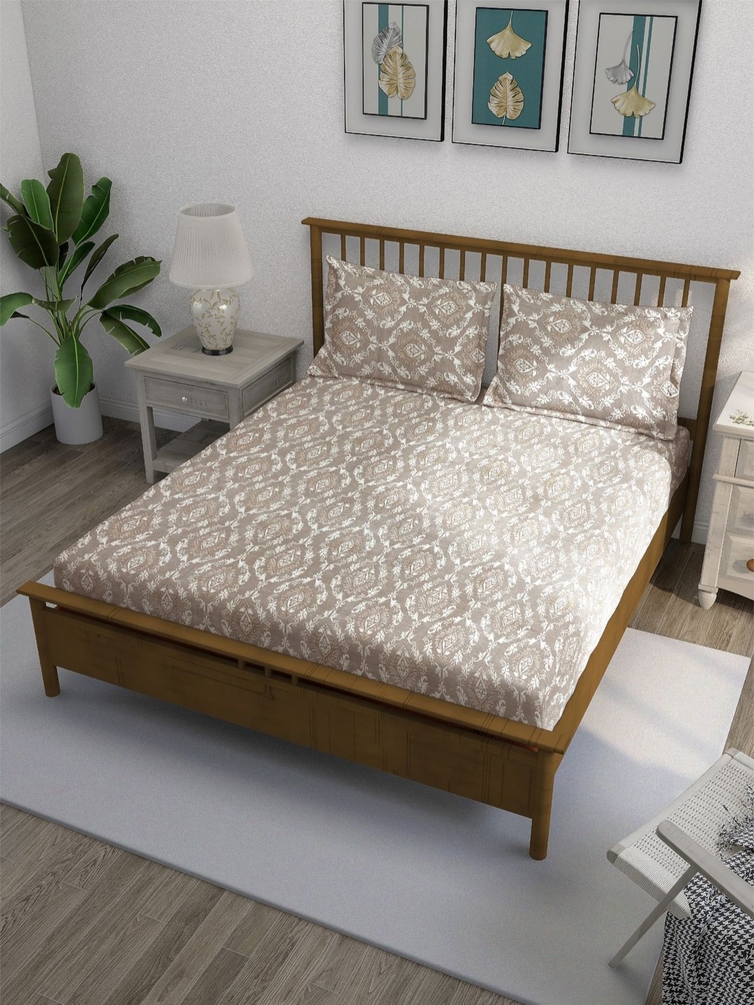 

SWAYAM Ananda Brown Printed Cotton 210 TC Fitted Queen Bedsheet Set 1.98 x 1.82m
