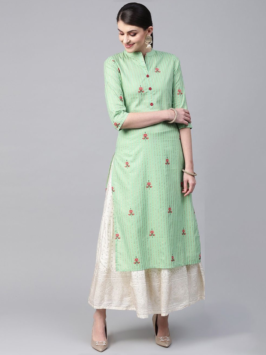 

Meeranshi Striped Printed Straight Kurta, Green