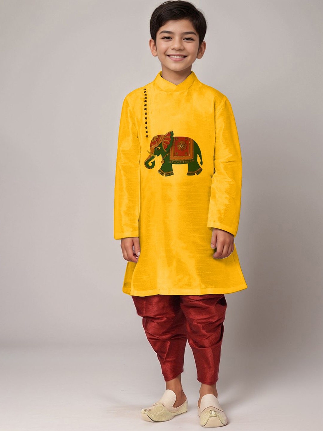 

DEVOILER Boys Ethnic Motifs Printed Side Placket Dupion Silk Kurta, Mustard