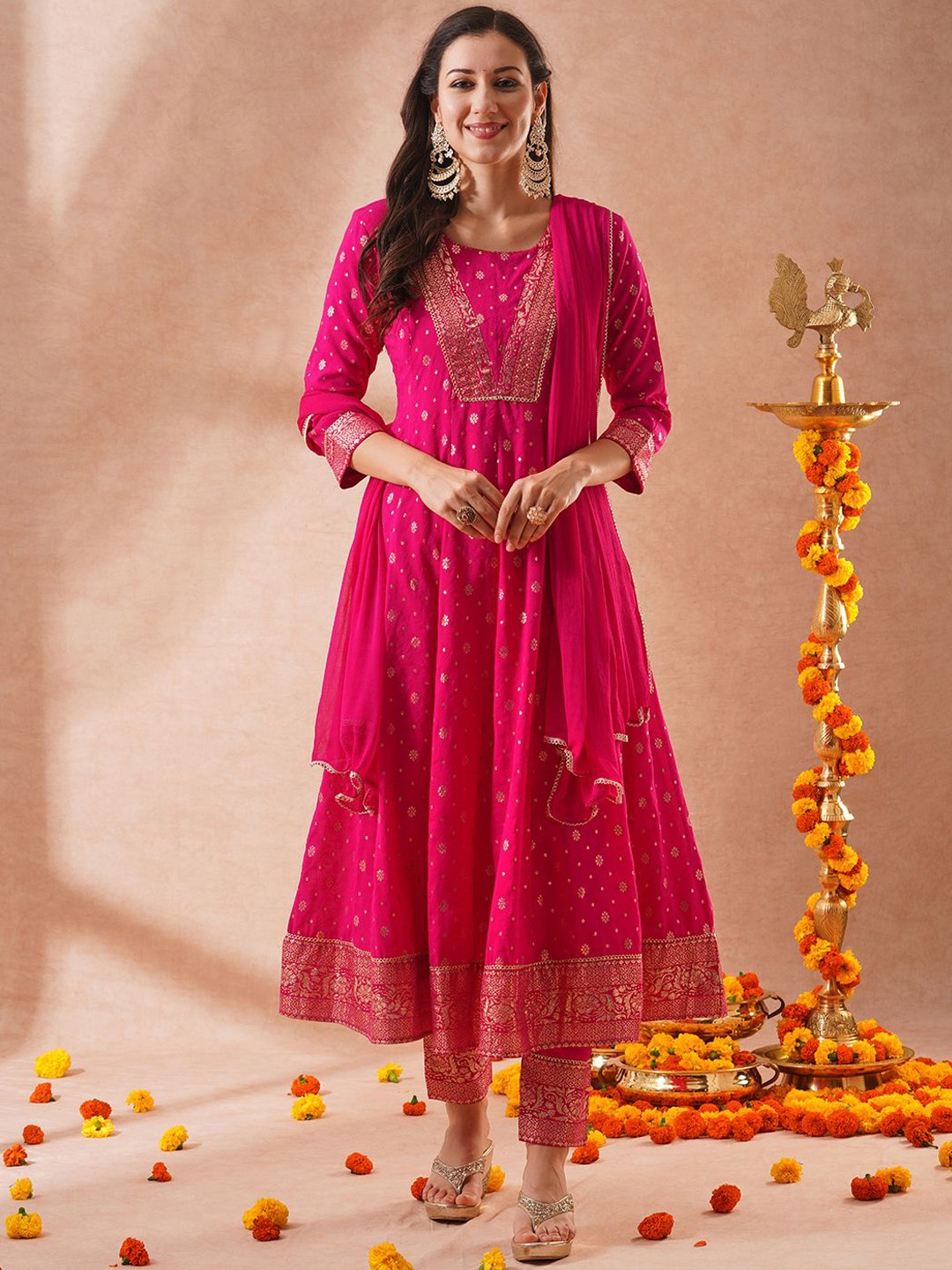 

FASHOR Ethnic Motifs Anarkali Kurta With Trousers & Dupatta, Pink