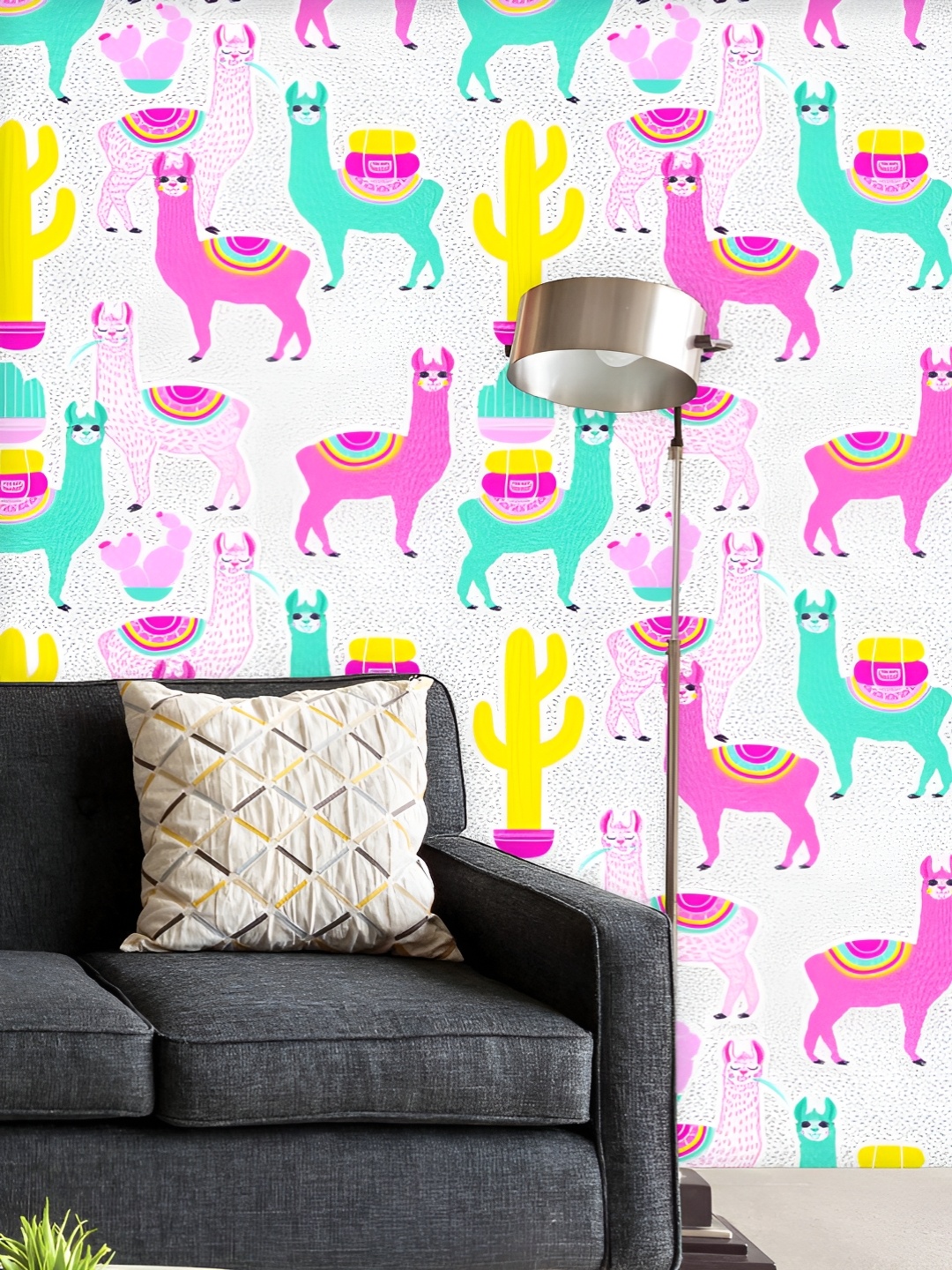 

ArtzFolio Printed UV-Resistant Anti-Bacterial Llama And Cactus With Dots Peel & Stick Wallpaper, Multi