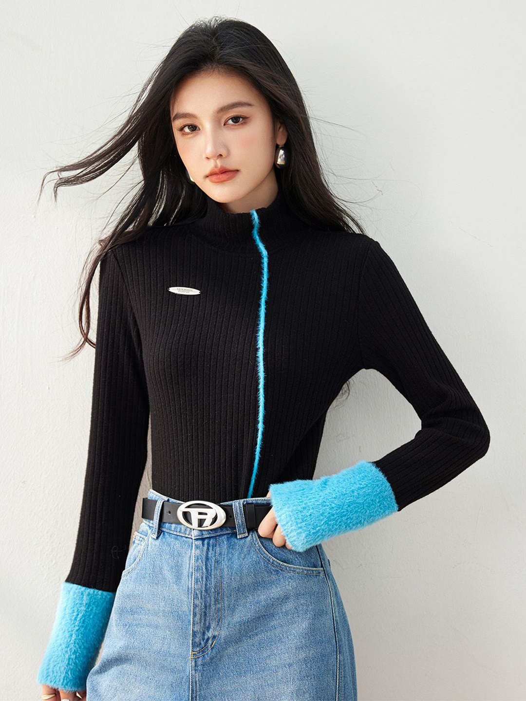 

JC Collection Women Ribbed Long Sleeves Pullover, Black