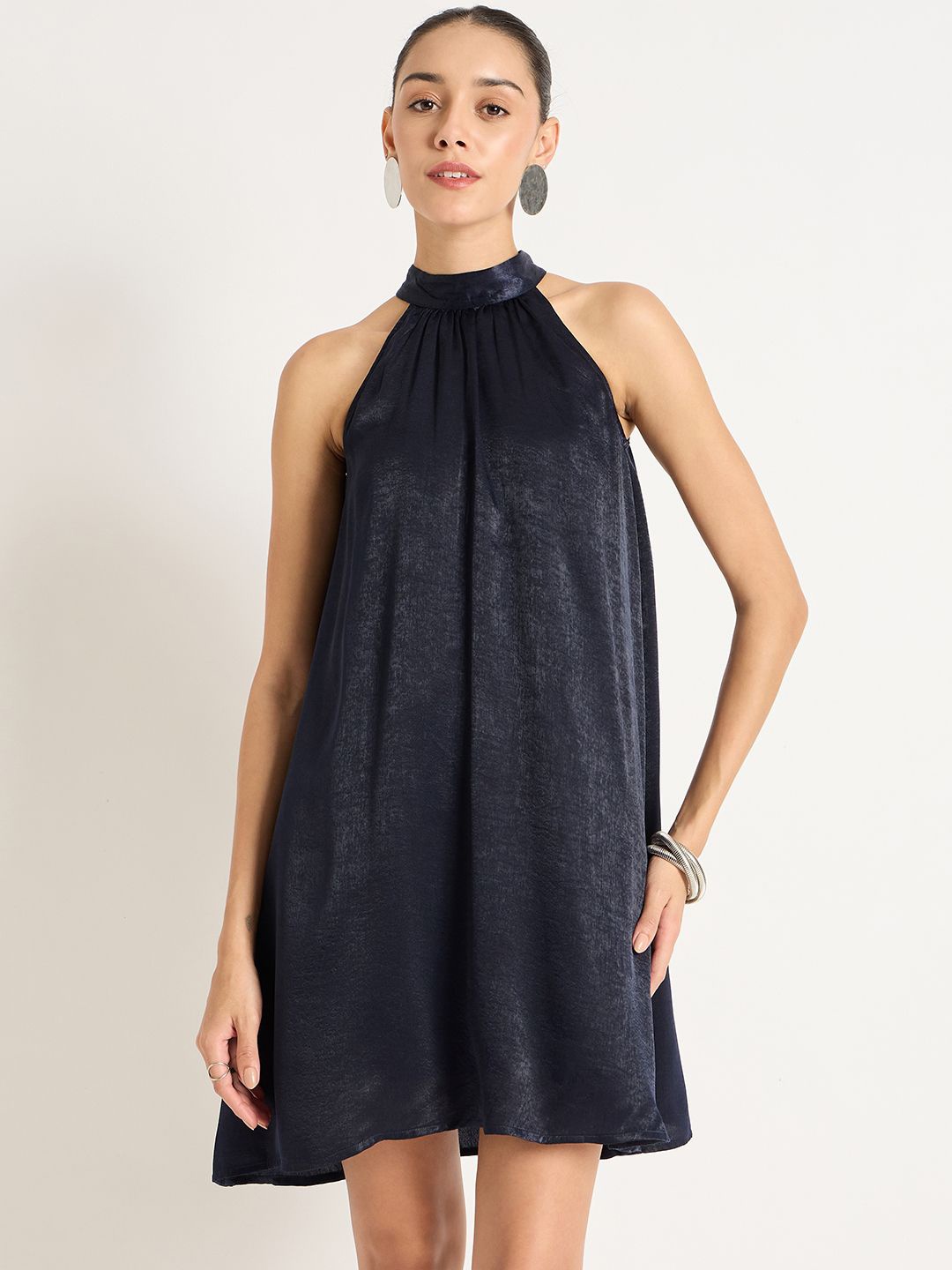 

FEMMELLA Halter Neck Tie Up Detail A-Line Dress, Navy blue