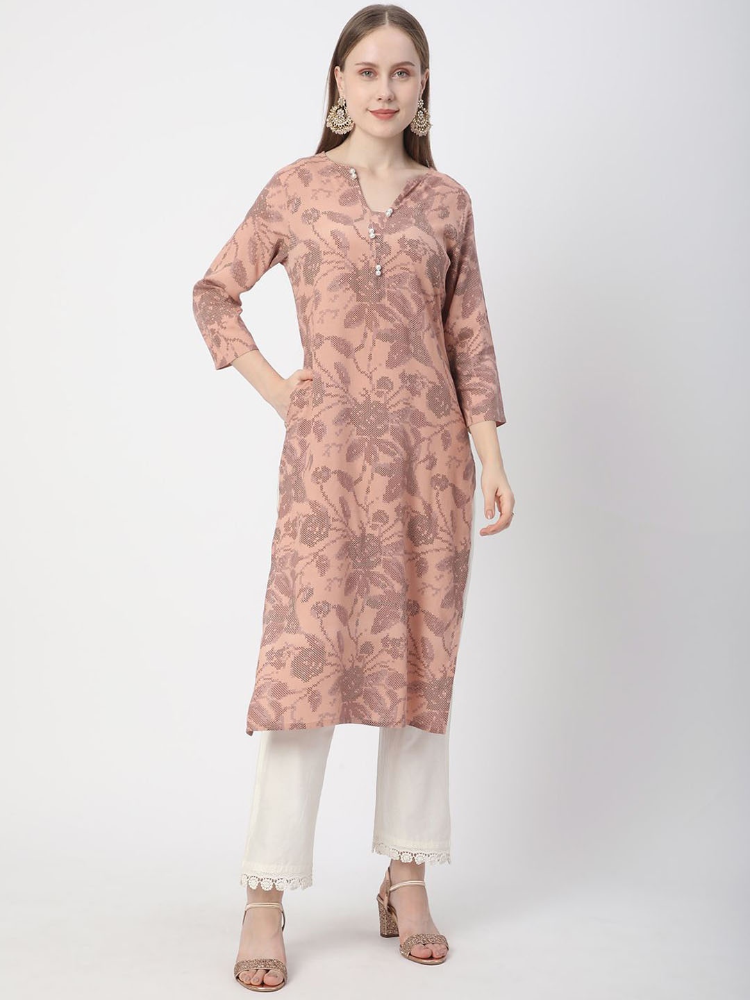 

R&B Floral Printed V-Neck Beads & Stones Straight Kurta, Pink