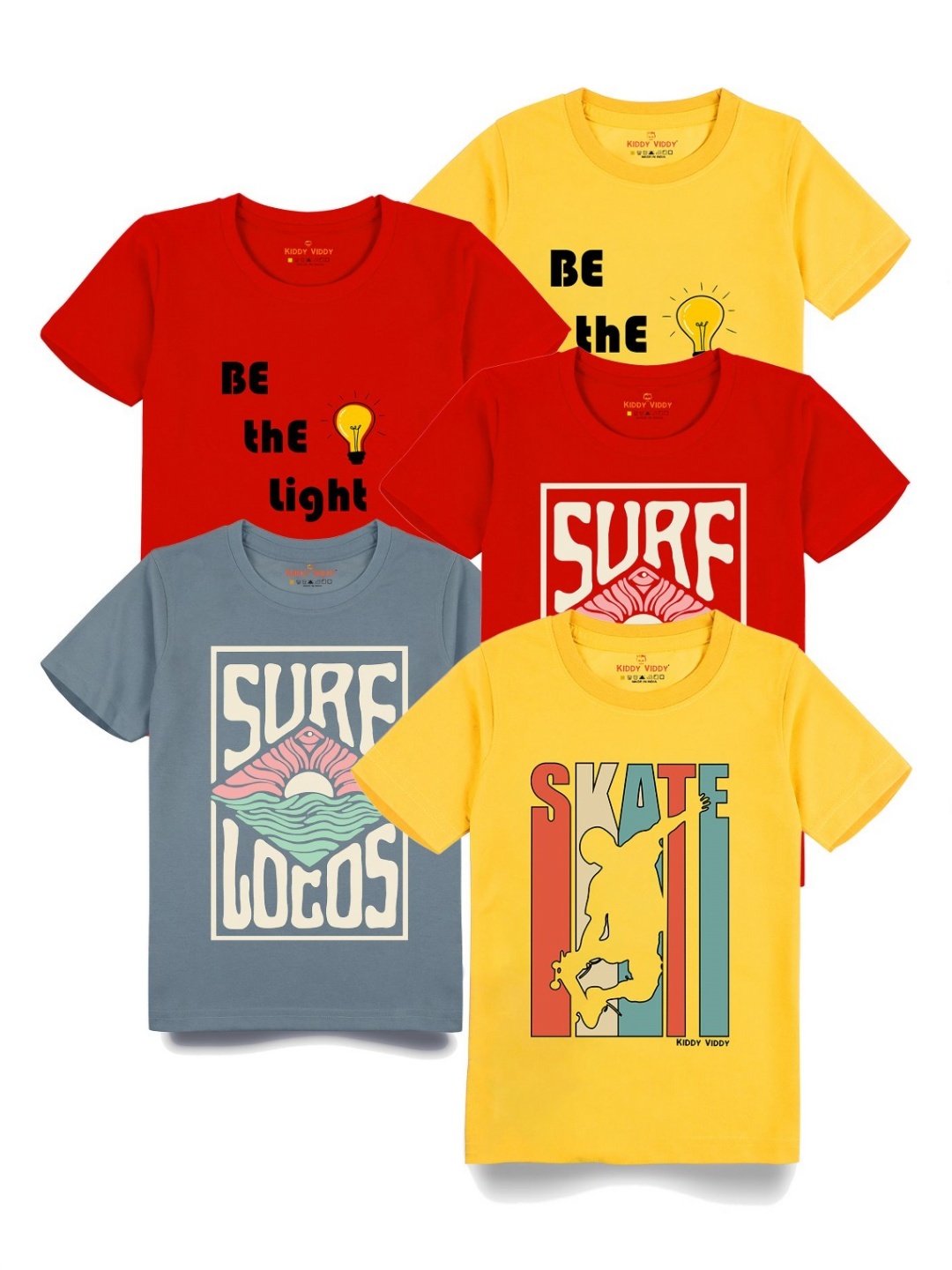 

Kiddy Viddy Boys Pack Of 5 Typography Printed Round Neck Cotton T-shirts, Red