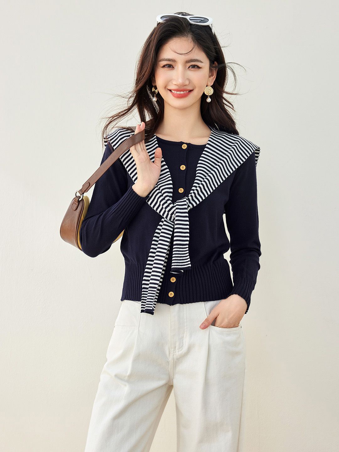 

JC Collection Women Round Neck Long Sleeves Cardigan, Navy blue