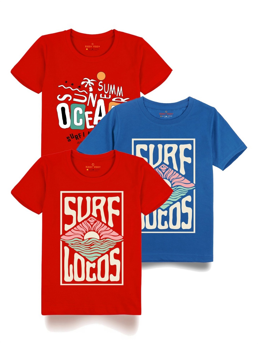 

Kiddy Viddy Boys Pack Of 3 Typography Printed Round Neck Cotton T-shirts, Blue