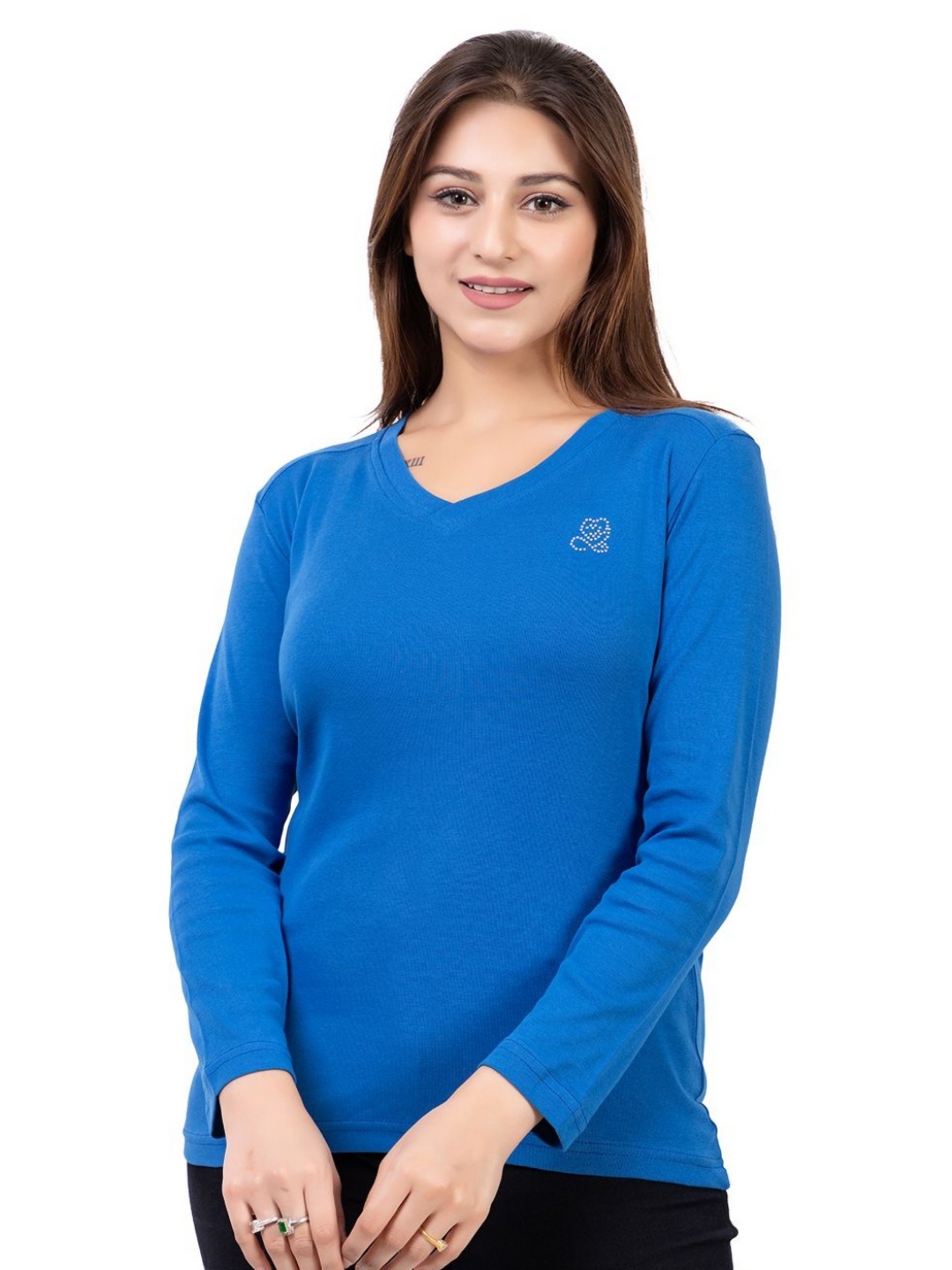 

ARIIX Women Solid V-Neck Cotton Slim Fit T-shirt, Blue