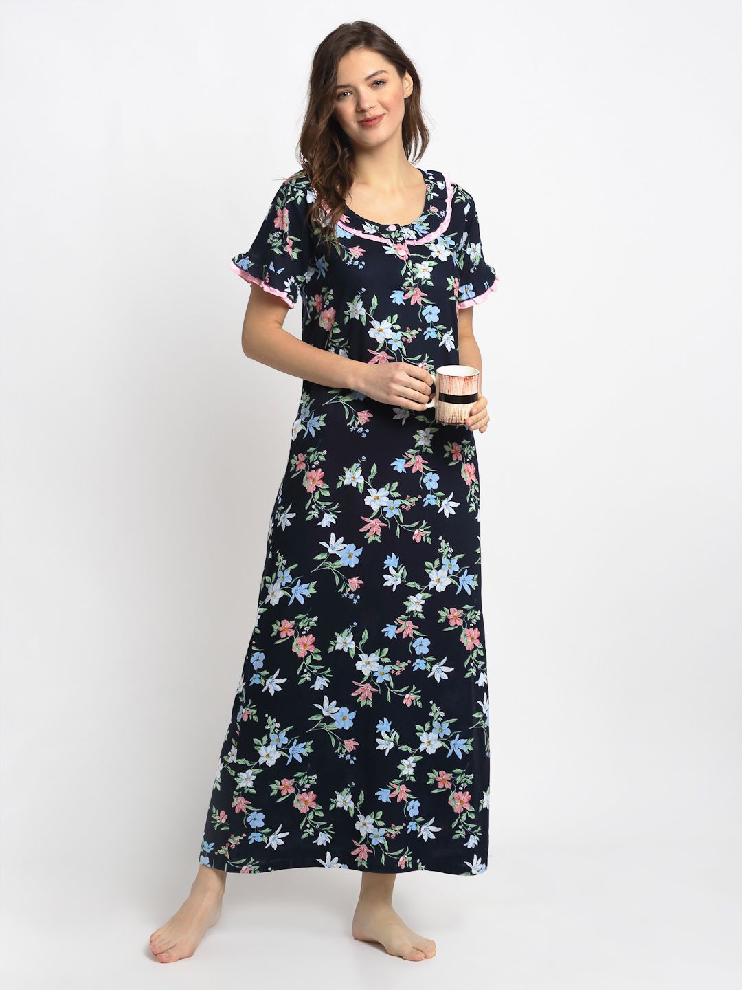 

Claura Women Floral Printed Pure Cotton Maxi Nightdress, Navy blue