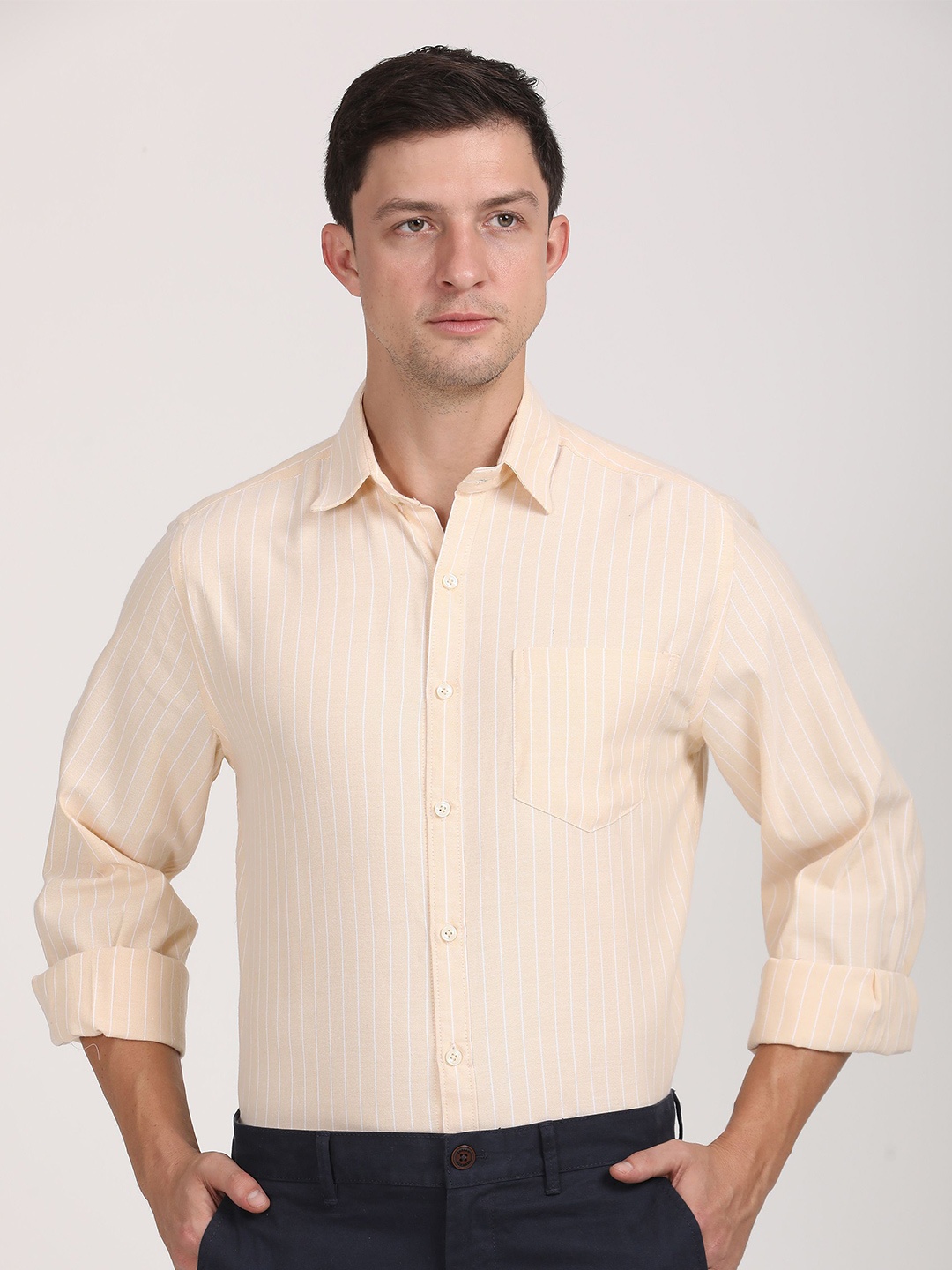 

Copperline Men Comfort Spread Collar Vertical Striped Cotton Formal Shirt, Beige