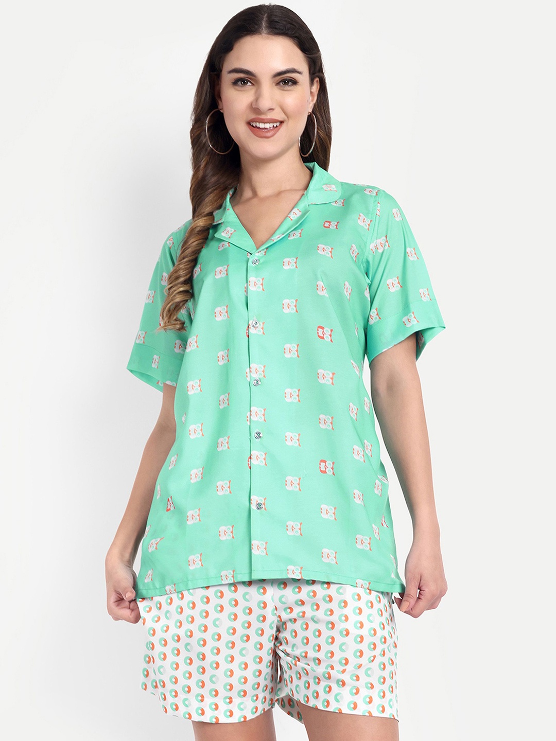 

TILISM Animal Printed Pure Cotton Shirt With Shorts, Green