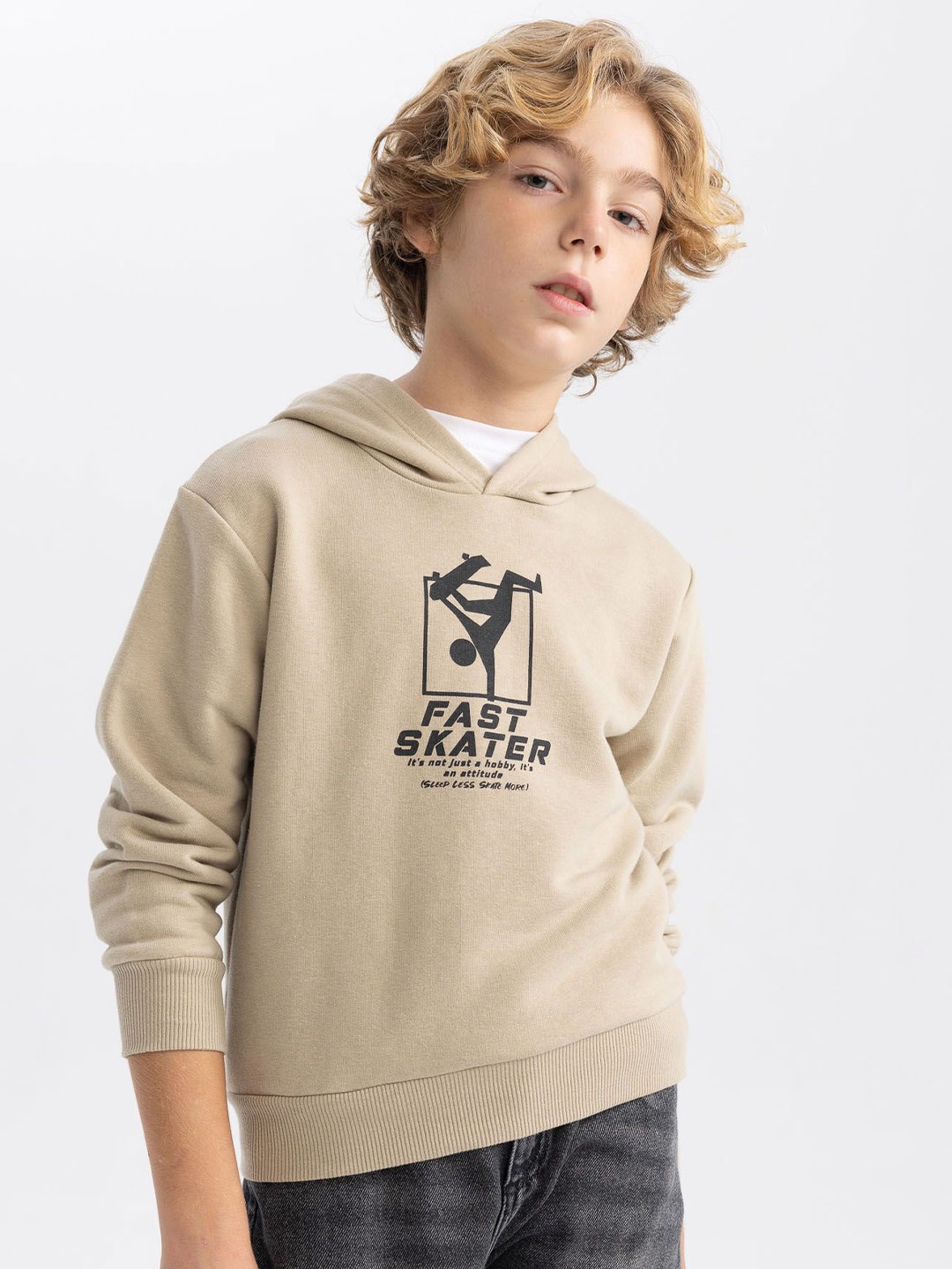 

DeFacto Boys Hooded Printed Pullover, Beige