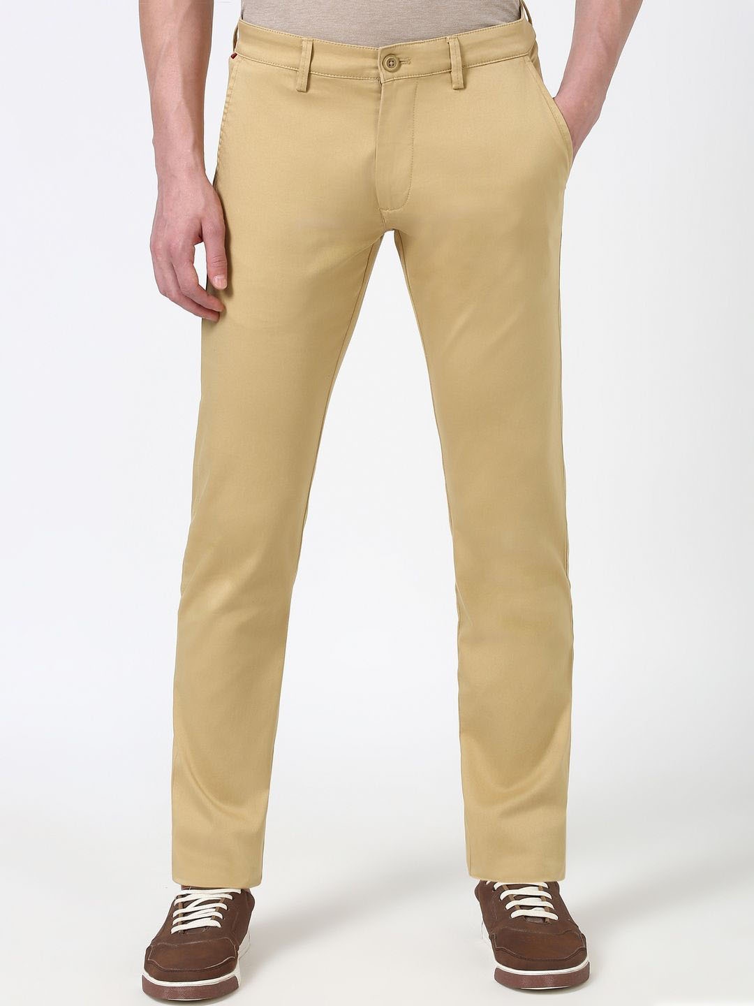 

Peter England Casuals Men Skinny Fit Mid-Rise Trousers, Beige