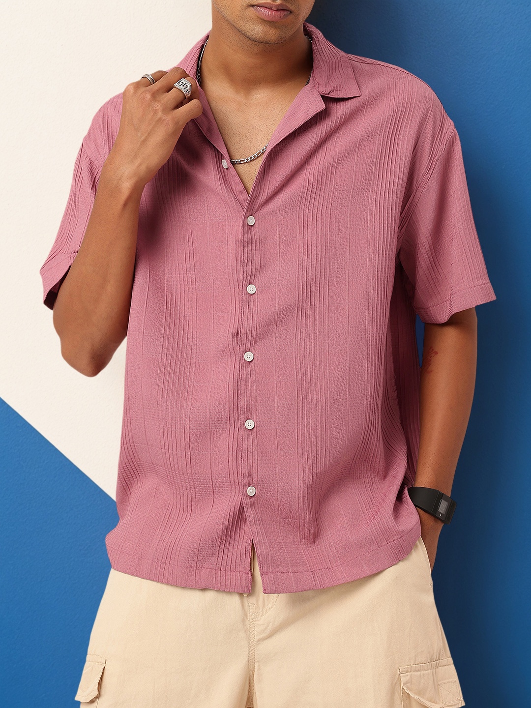 

WROGN Pleated Twist Textured Seersucker Oversized Shirt, Rose
