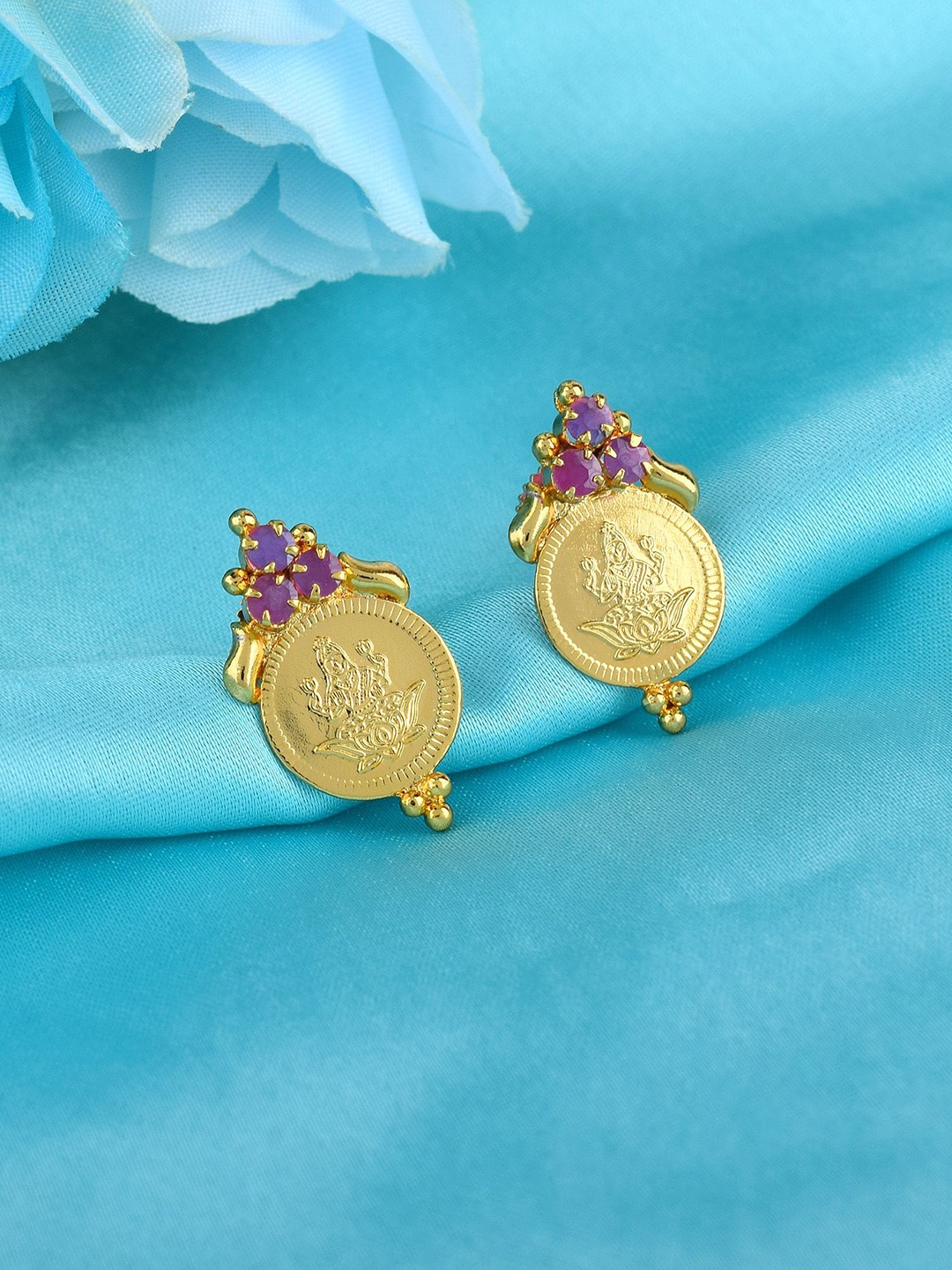 

MEMOIR Gold-Plated Ruby Lakshmi Coin Stone Studded Studs