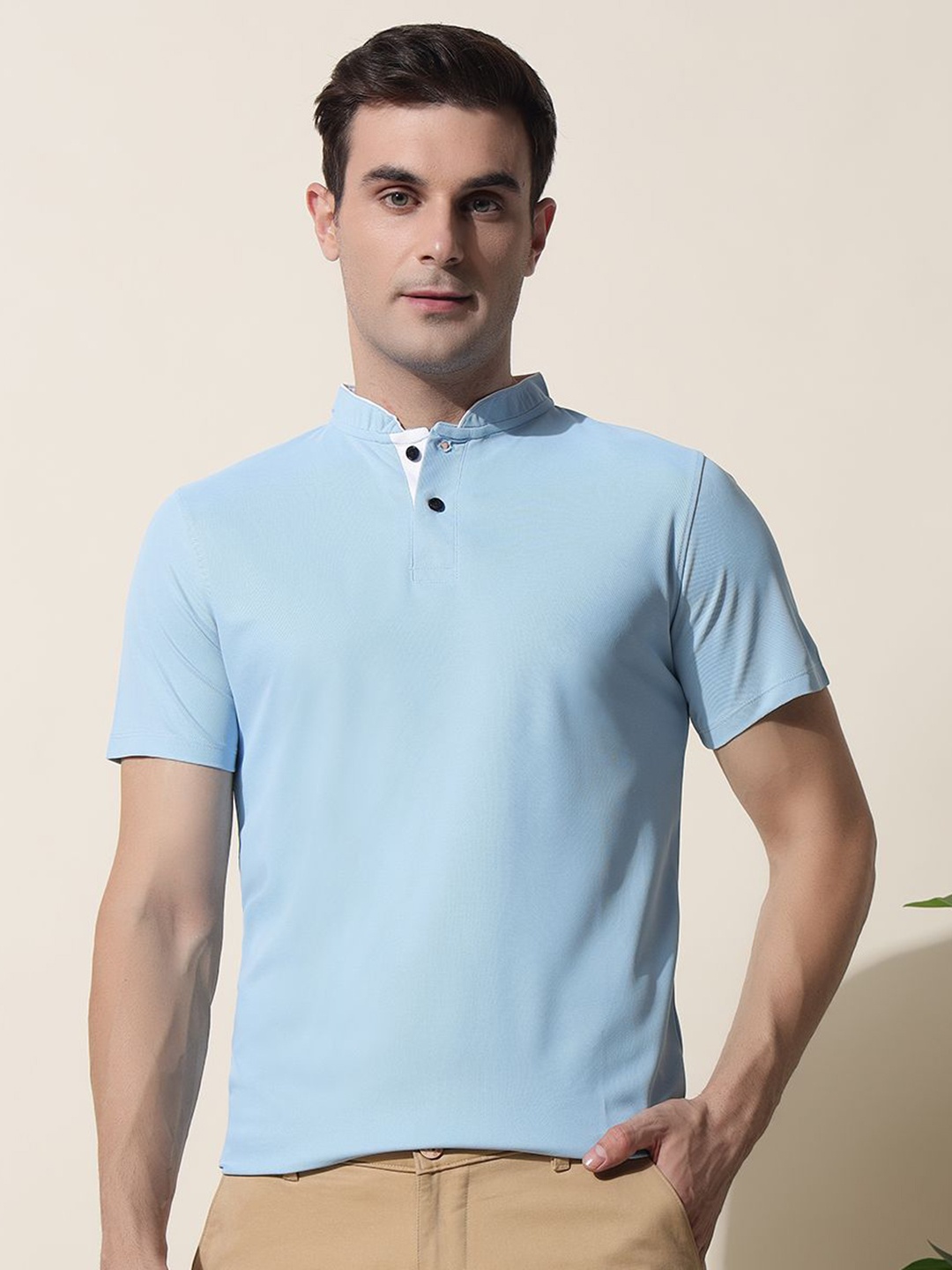 

MUWIN Men Mandarin Collar Pockets T-shirt, Blue