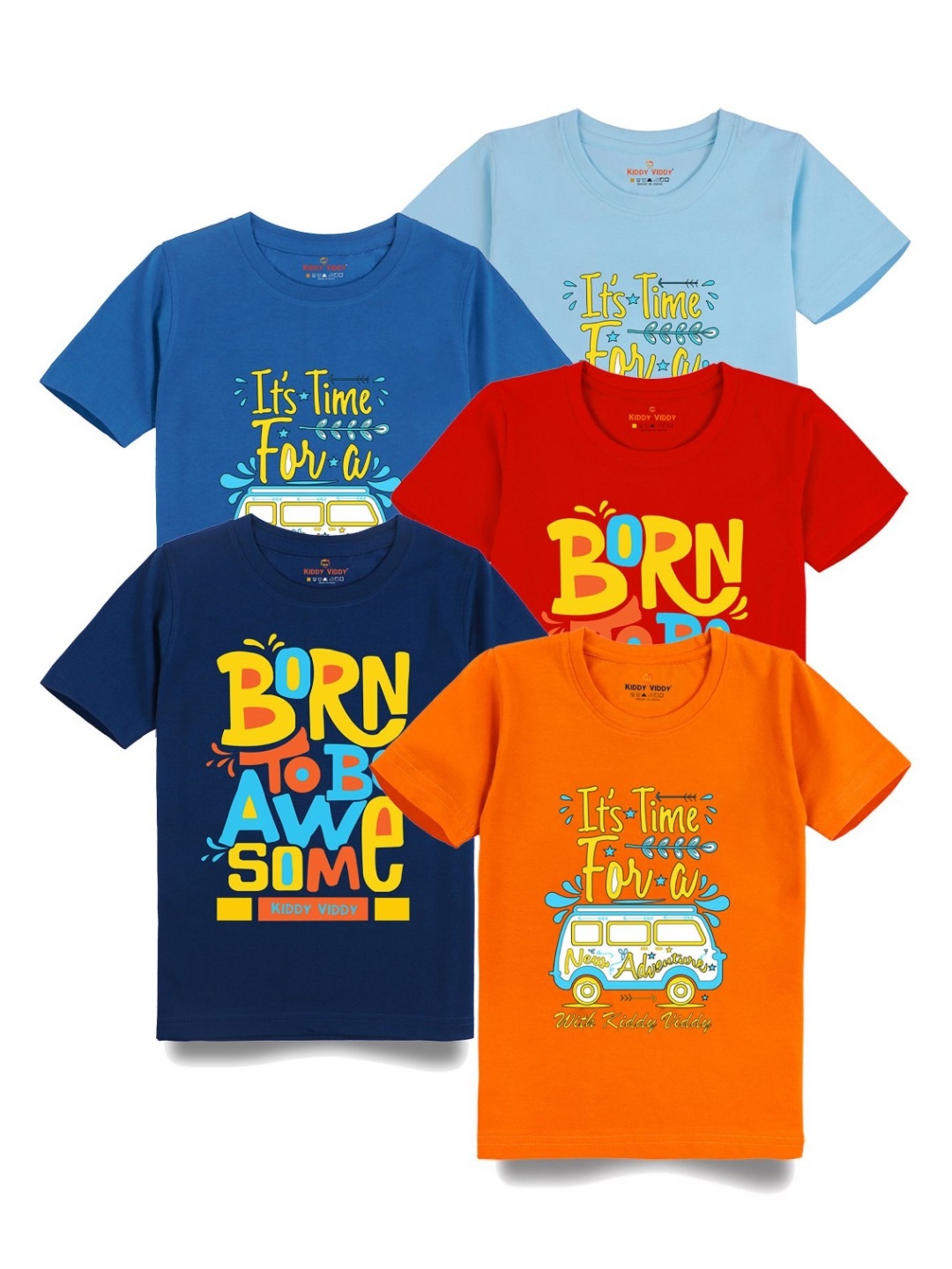 

Kiddy Viddy Boys Pack Of 5 Typography Printed Round Neck Cotton T-shirts, Blue