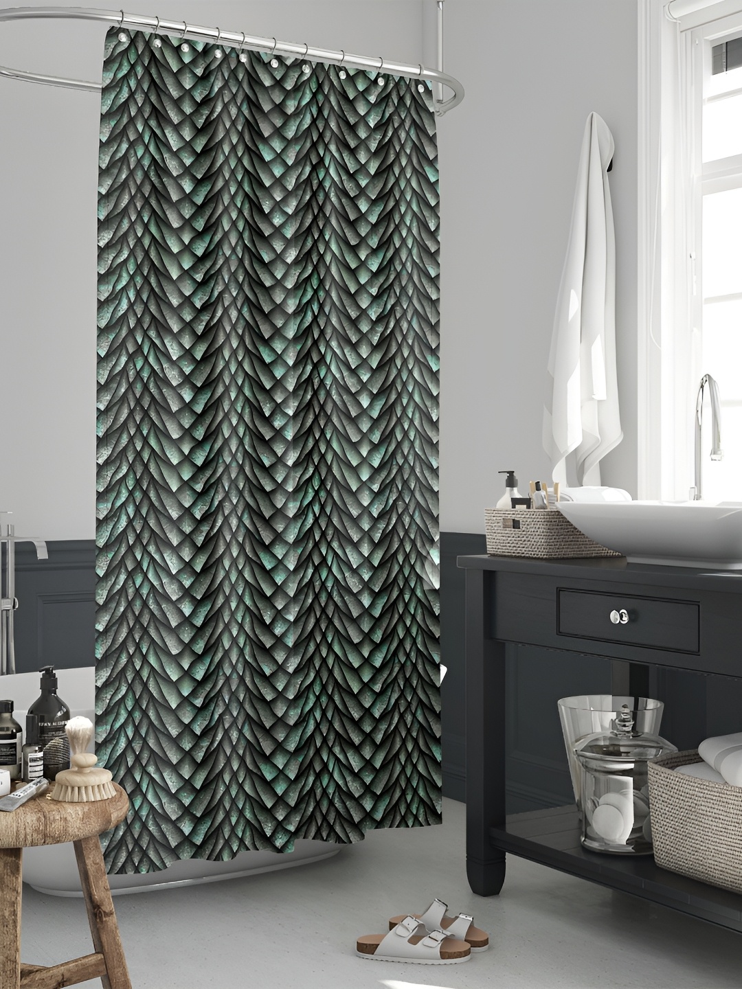 

ArtzFolio Grey and Green Geometric Printed Waterproof Shower Curtain