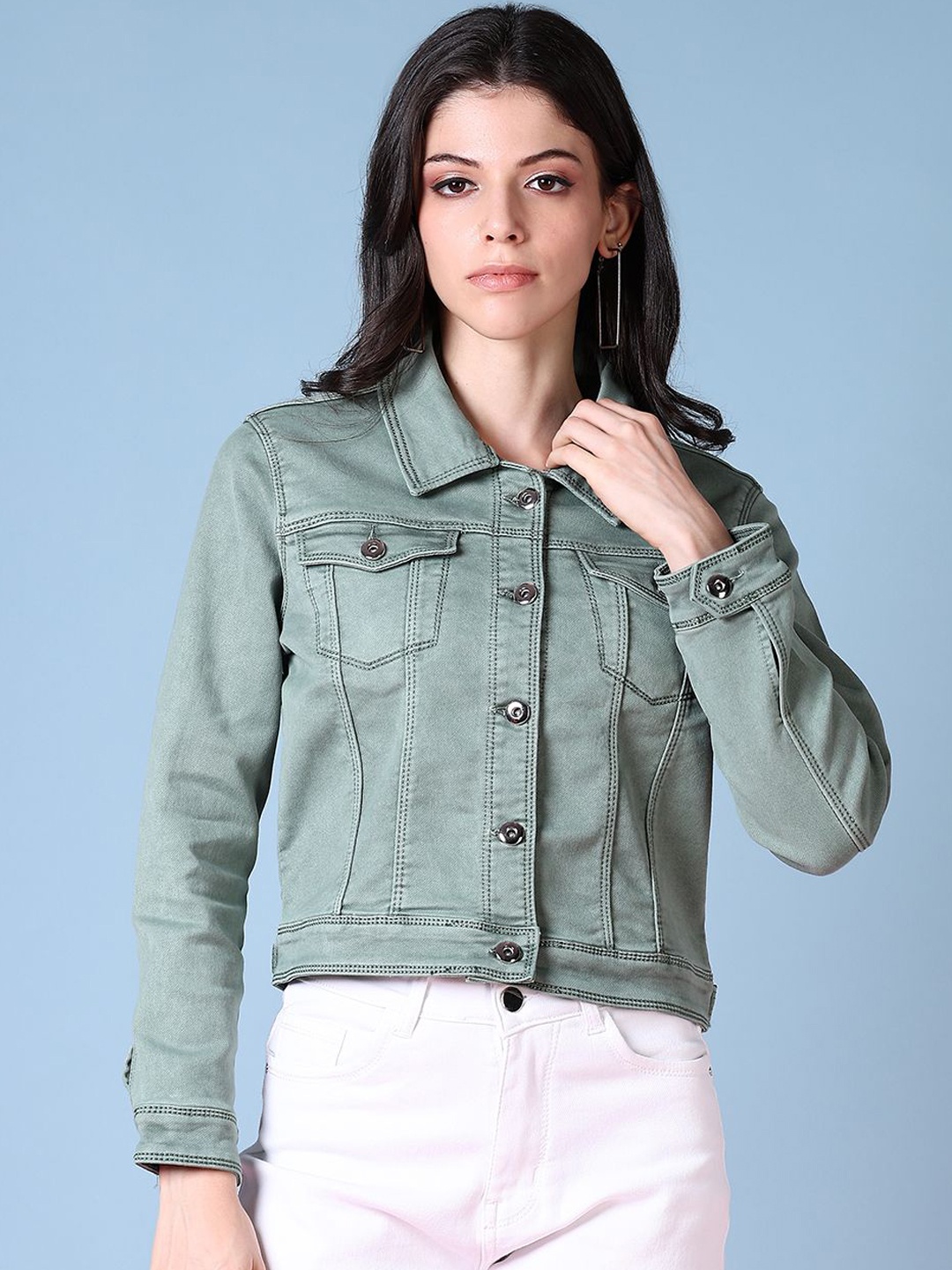 

V-Mart Women Washed Denim Jacket with Embroidered, Green