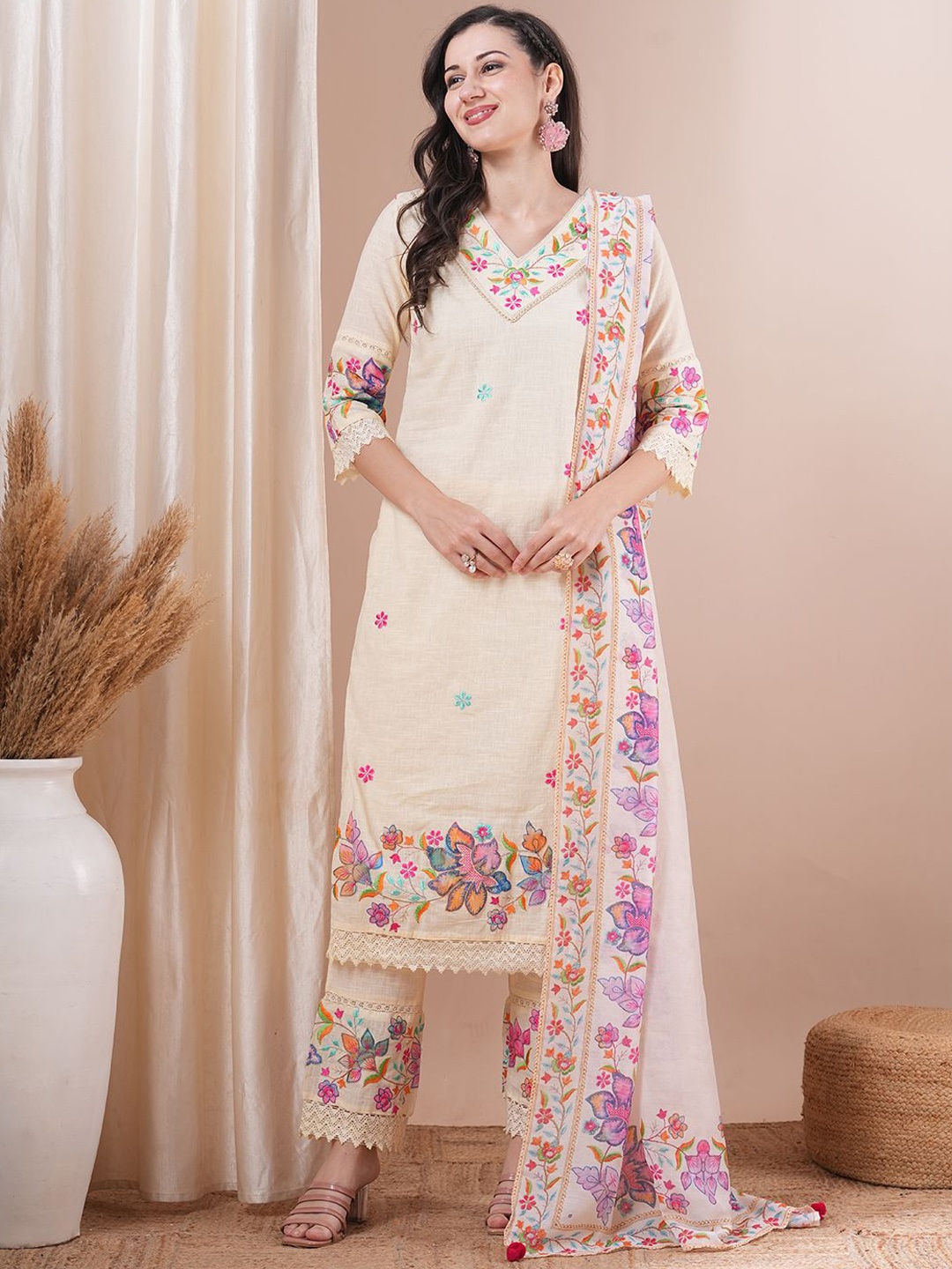 

FASHOR Floral Embroidered Pure Cotton Straight Kurta With Trouser & Dupatta, White