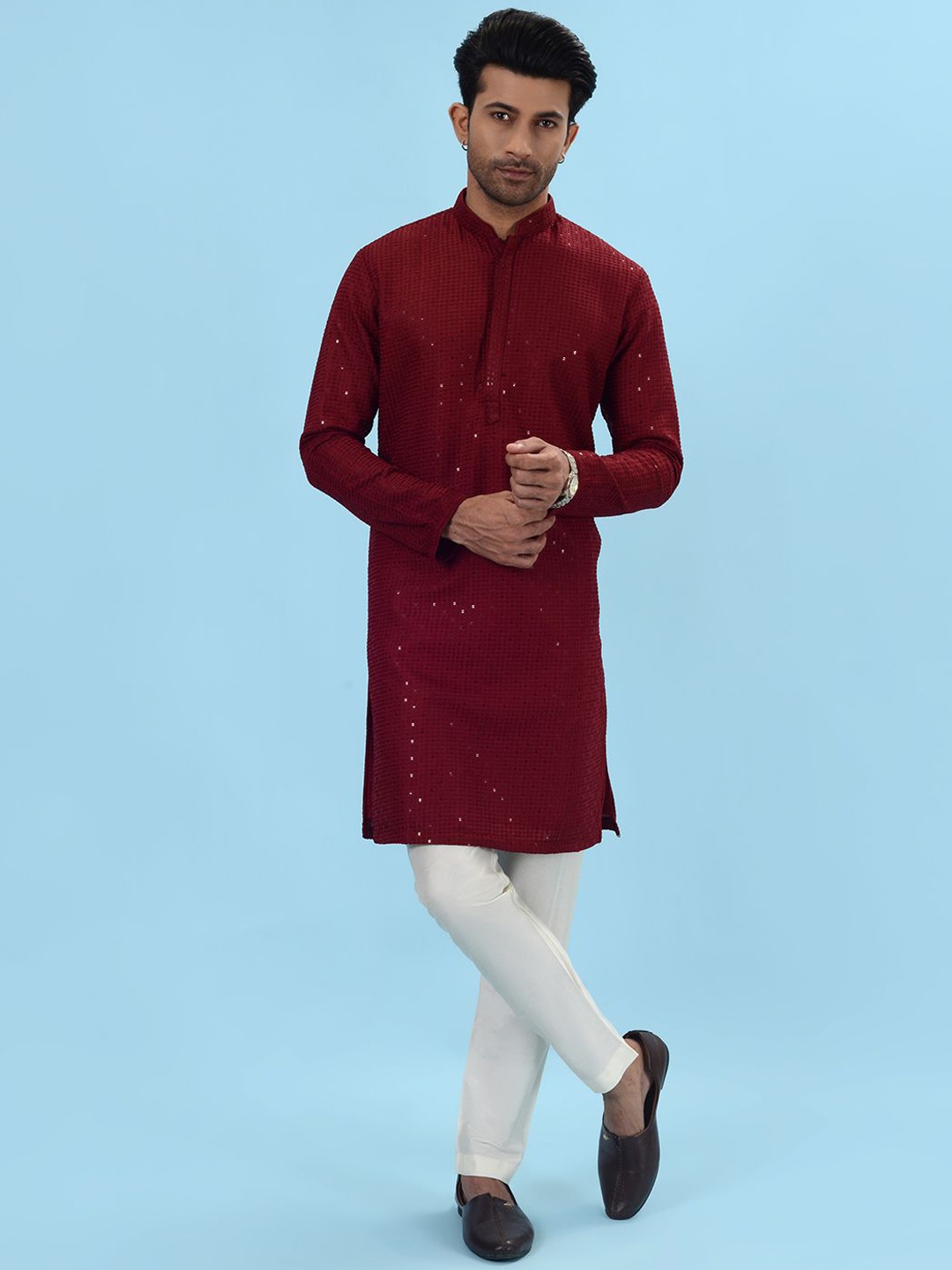 

azania Geometric Embroidered Sequinned Mandarin Collar Straight Kurta with Pyjamas, Red