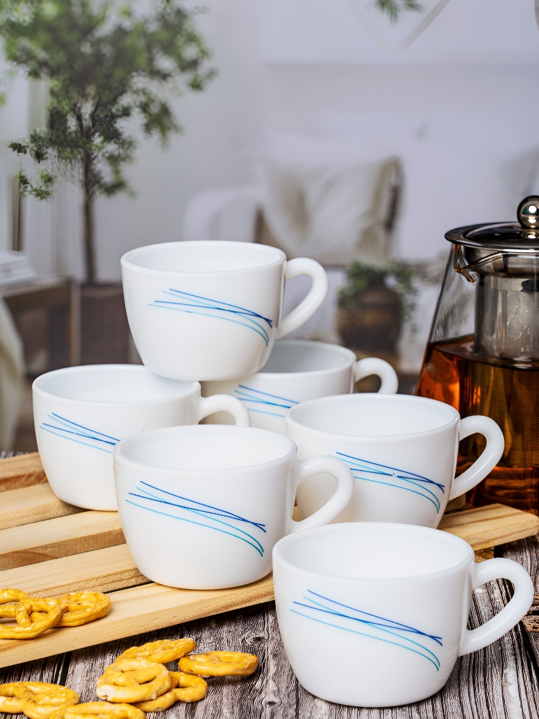 

Cello White & Blue 6 Pieces Floral Printed Opalware Glossy Mugs 130ml