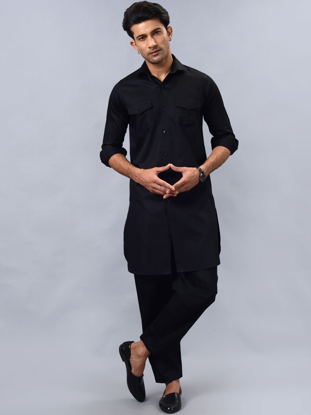 

azania Shirt Collar Roll-Up Sleeves Pathani Kurta, Black